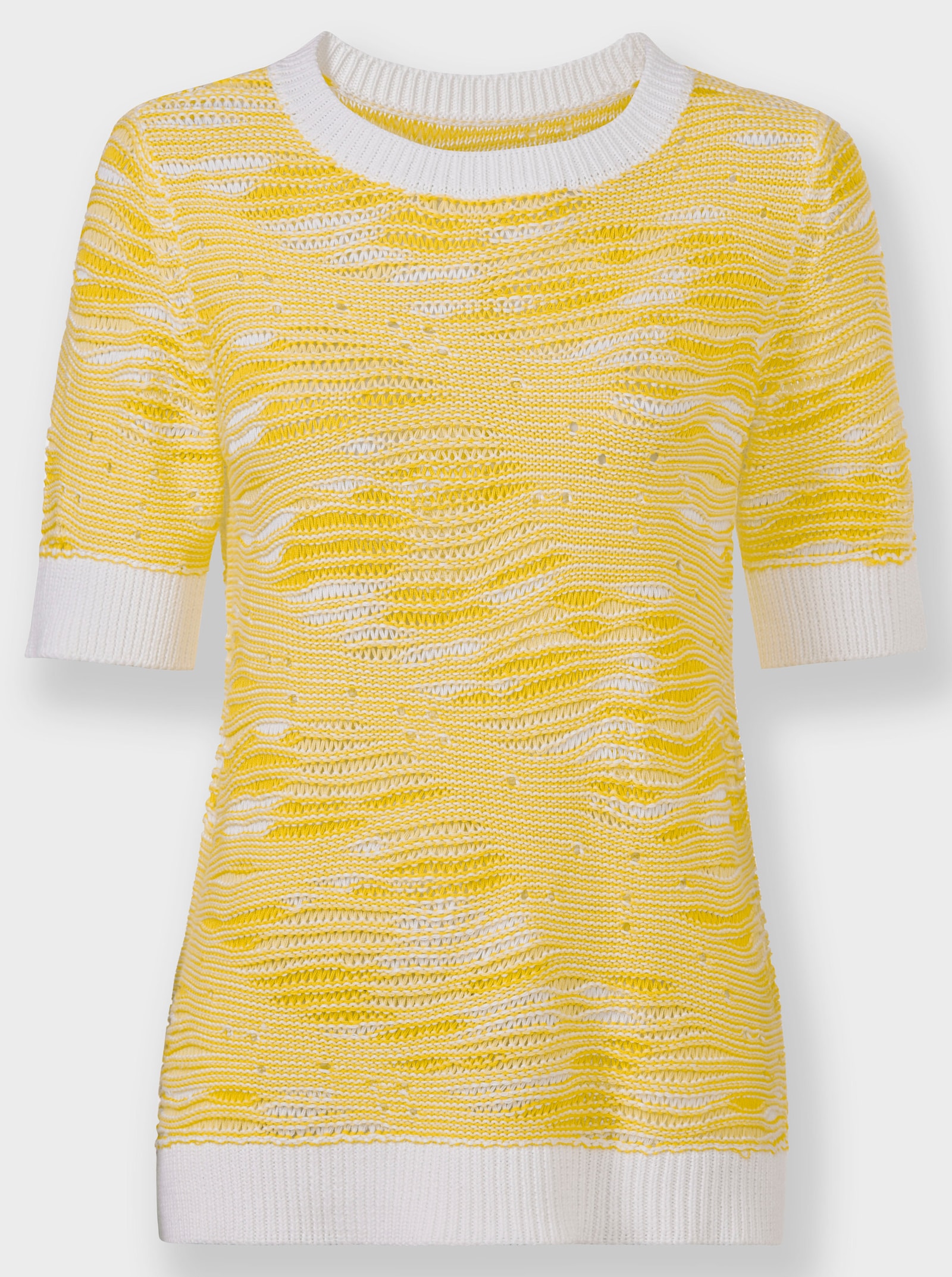 Kurzarmpullover in Jacquard-Strick - zitrone-weiß-gemustert