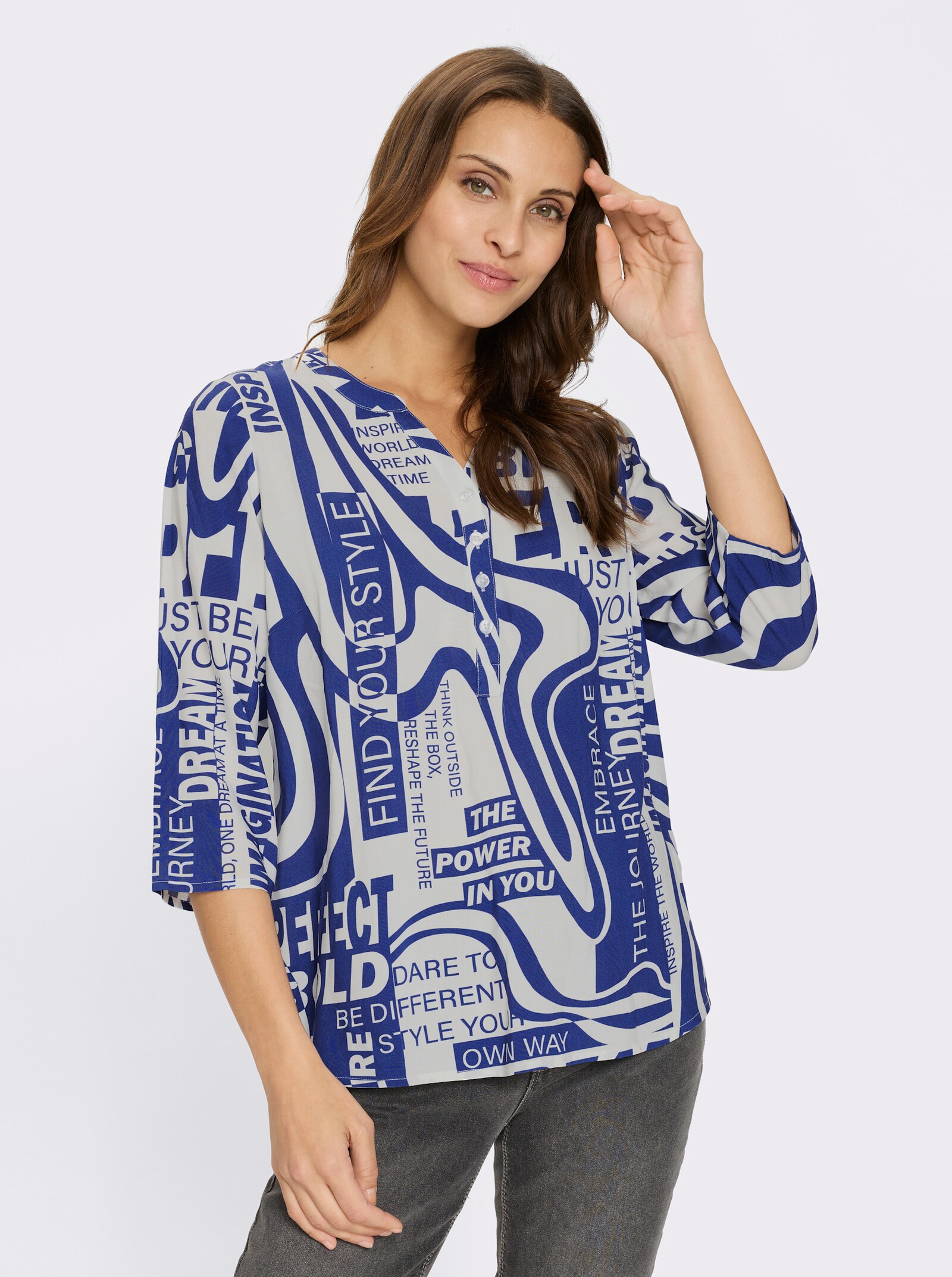 Schlupfbluse im Lettering-Druck - weiß-royalblau-bedruckt