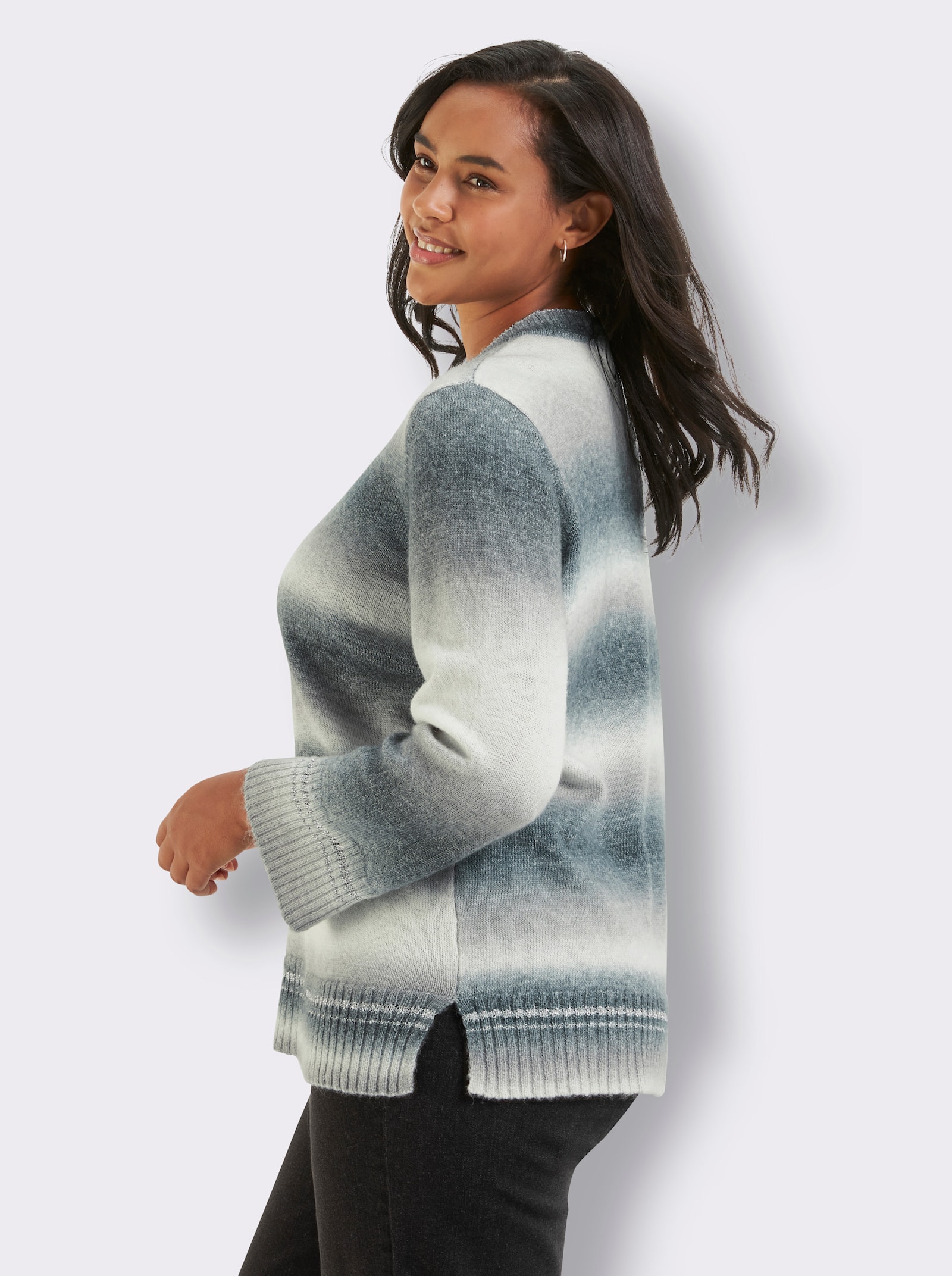 sheego Streifenpullover mit streckendem V-Ausschnitt - schwarz-grau