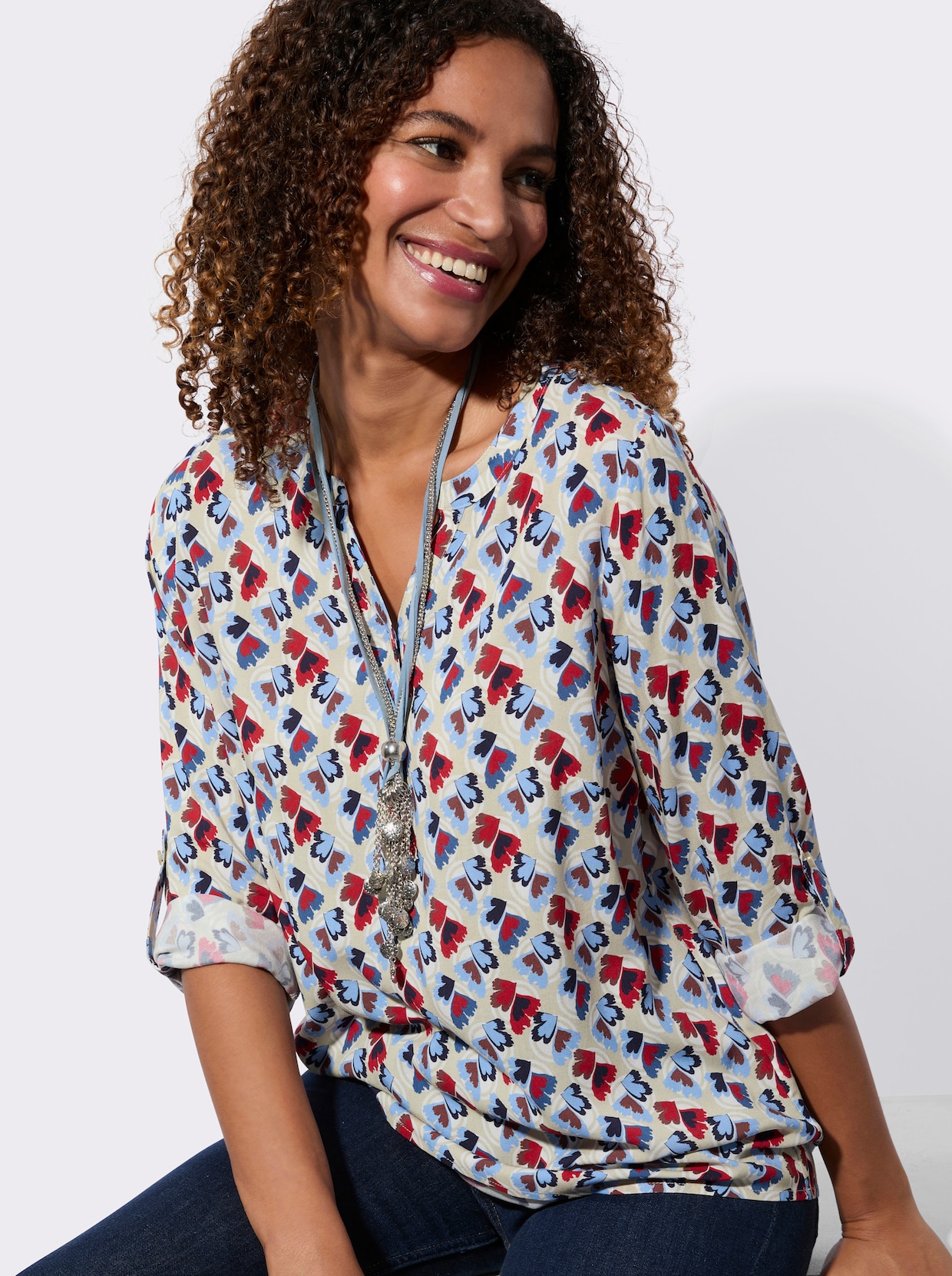 Druckbluse - himmelblau-erdbeere-bedruckt