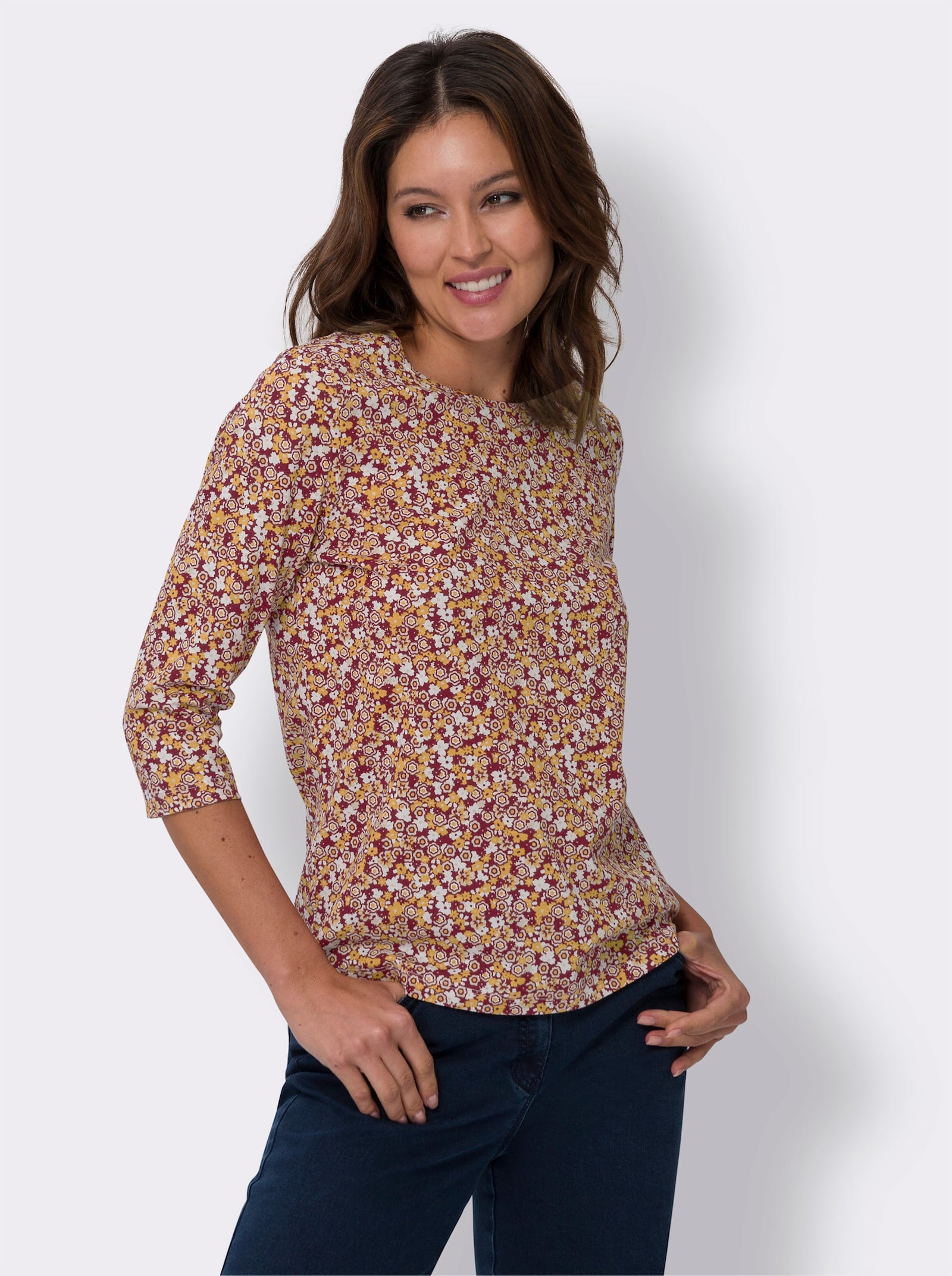 3/4-Arm-Shirt mit Millefleurs-Muster - dunkelrot-ocker-bedruckt