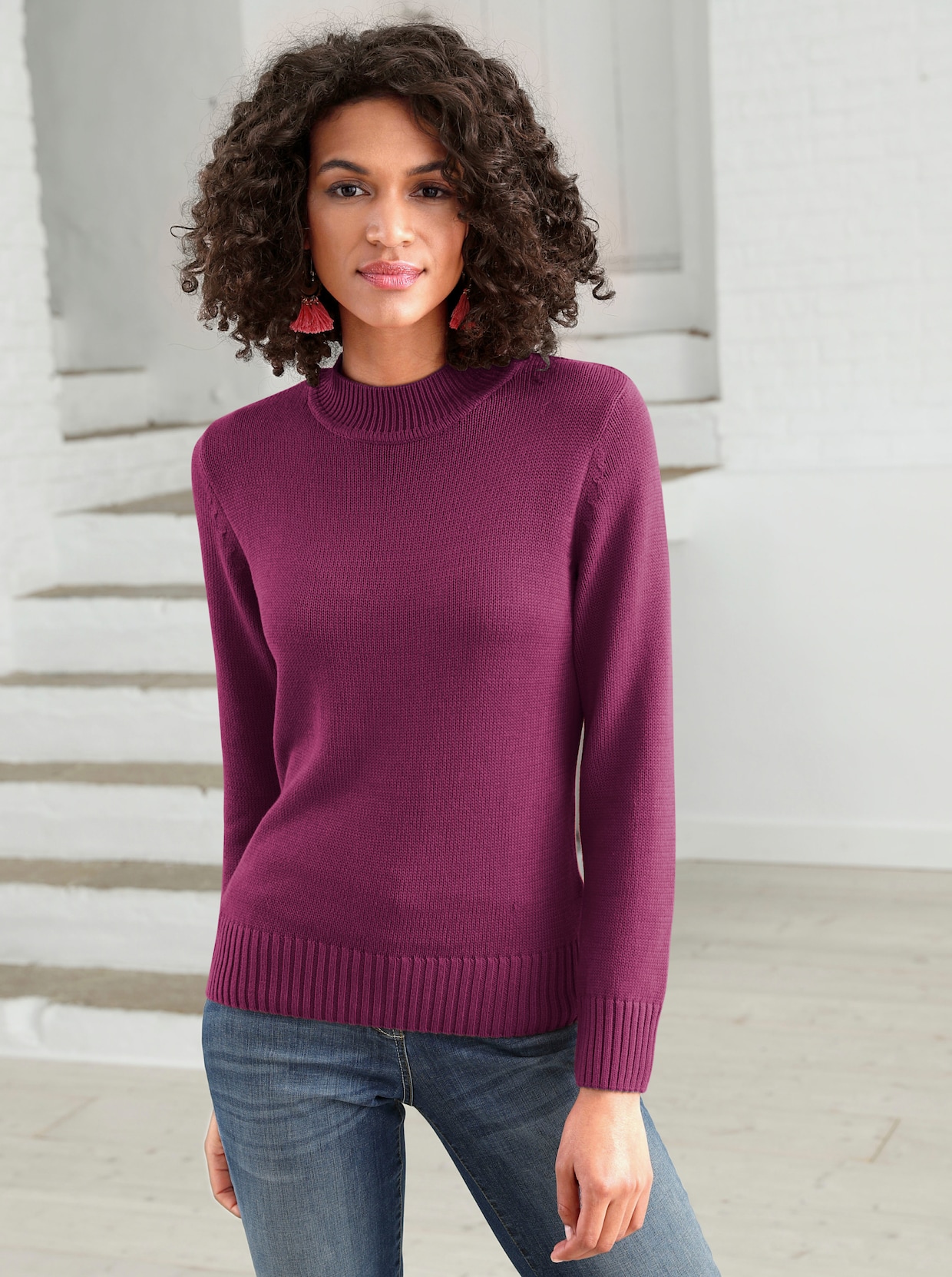 Stehkragenpullover mit Baumwolle - fuchsia