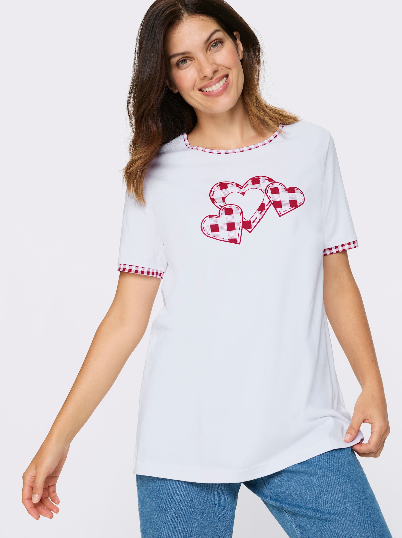 Longshirt mit Herzchen-Motiv - weiss-rot
