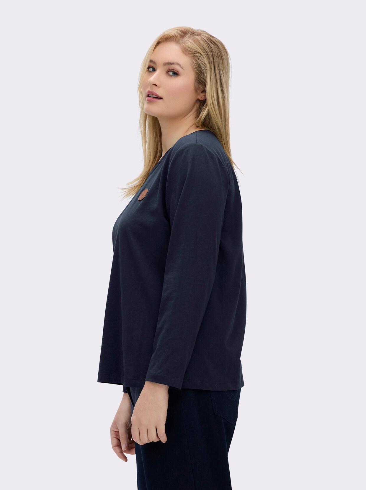 Langarmshirt mit Leder-Imitat-Patch - marine