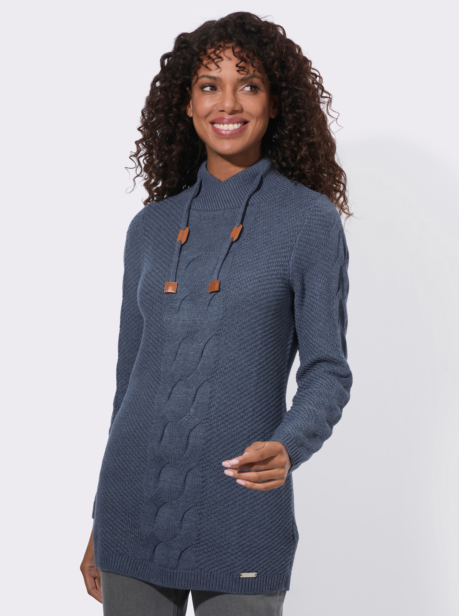 Longpullover mit Zopfmuster - rauchblau-meliert