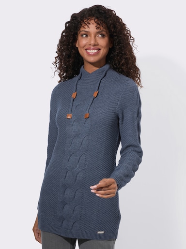  Longpullover mit Zopfmuster - rauchblau-meliert
