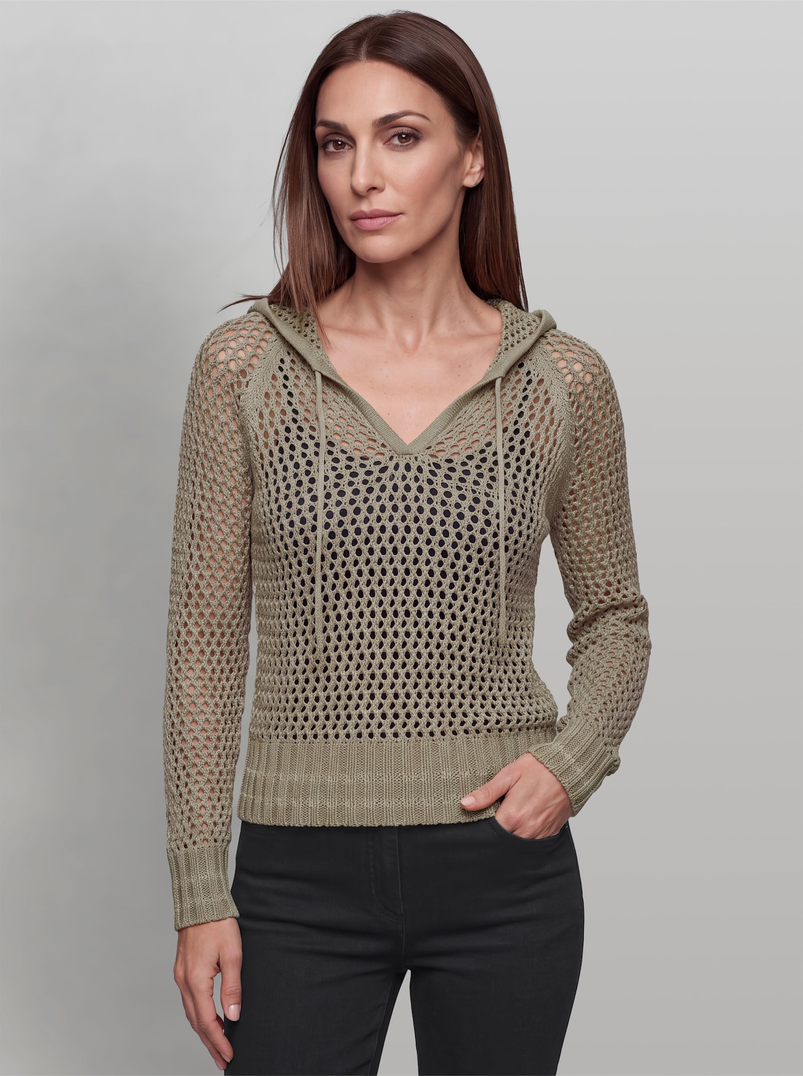 heine Ajourpullover mit Kapuze - schlamm