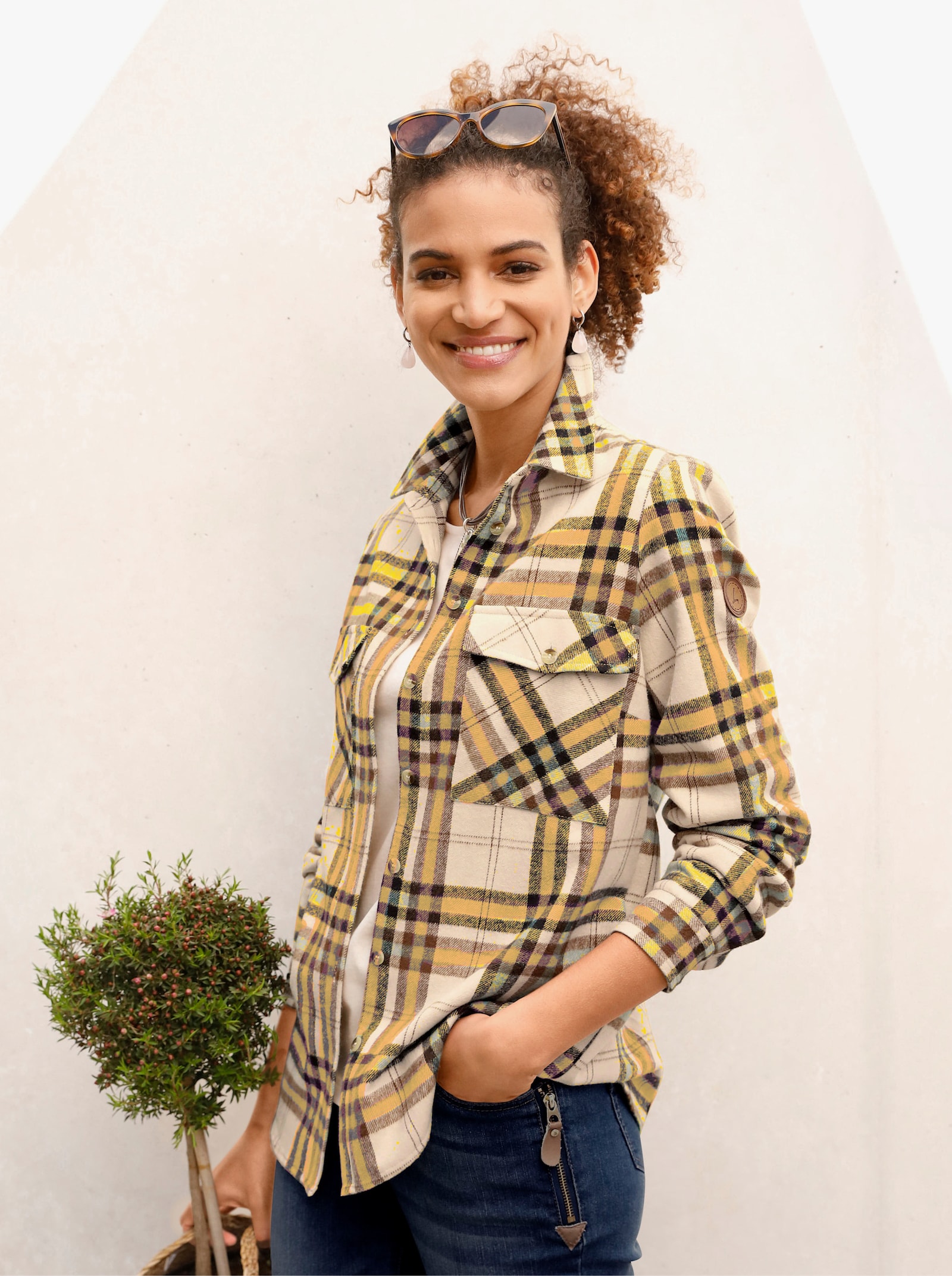 Flanellen blouse met meerkleurige geweven ruit - oker/ivoor geruit