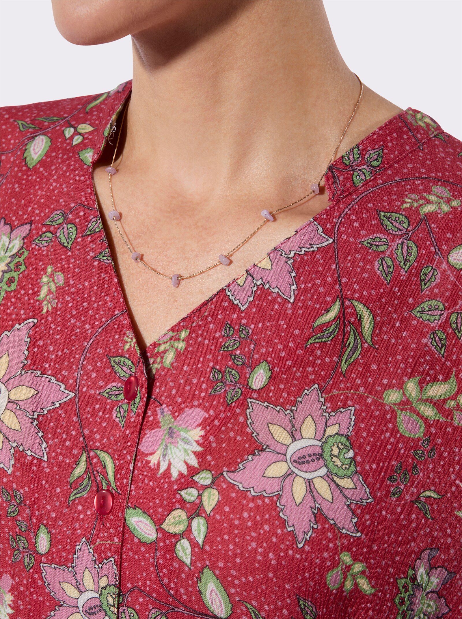 Kurzarmbluse in strukturierter Qualität - erdbeere-eucalyptus-bedruckt