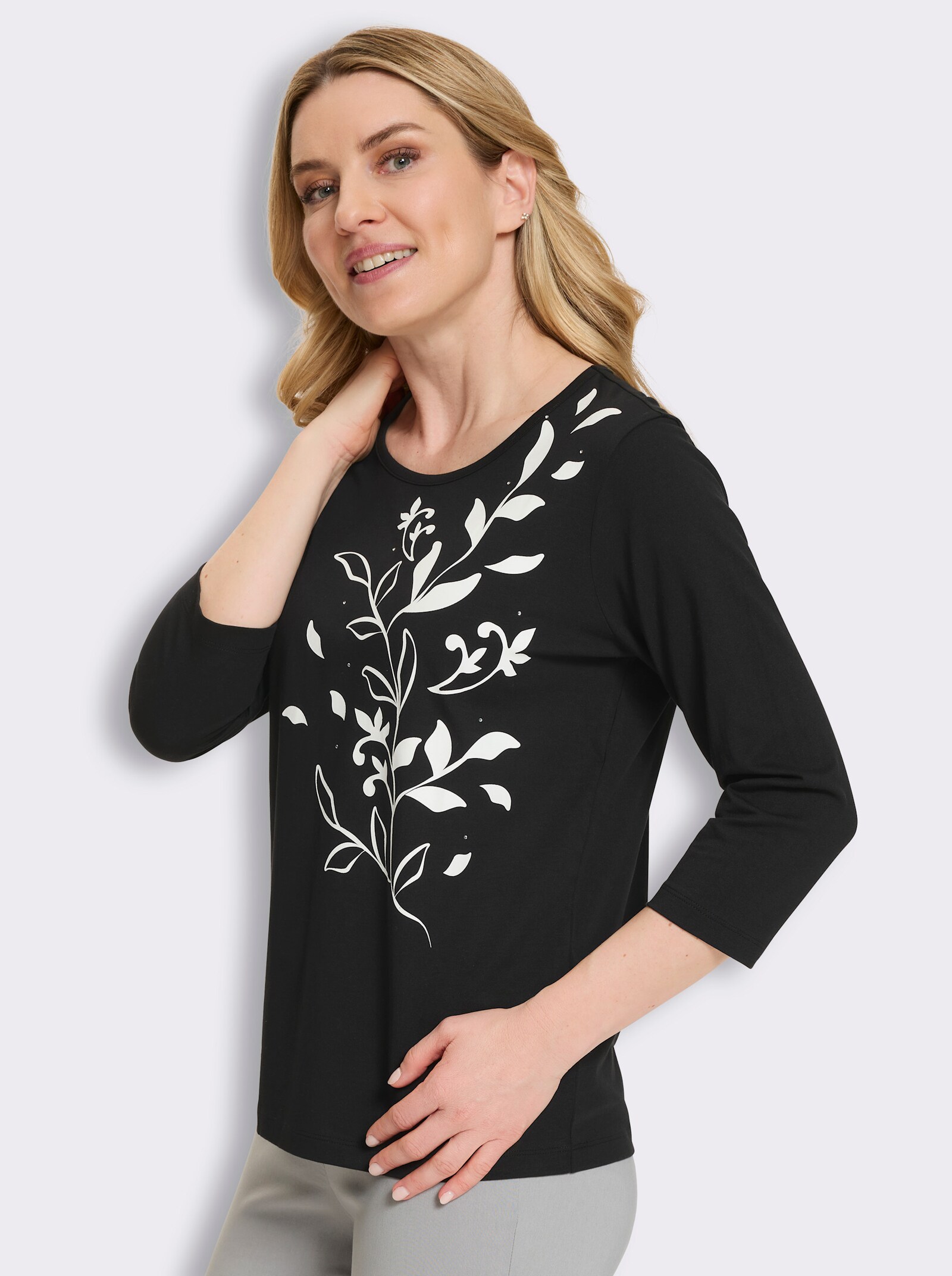 3/4-Arm-Shirt mit platziertem Druck - schwarz-ecru-bedruckt