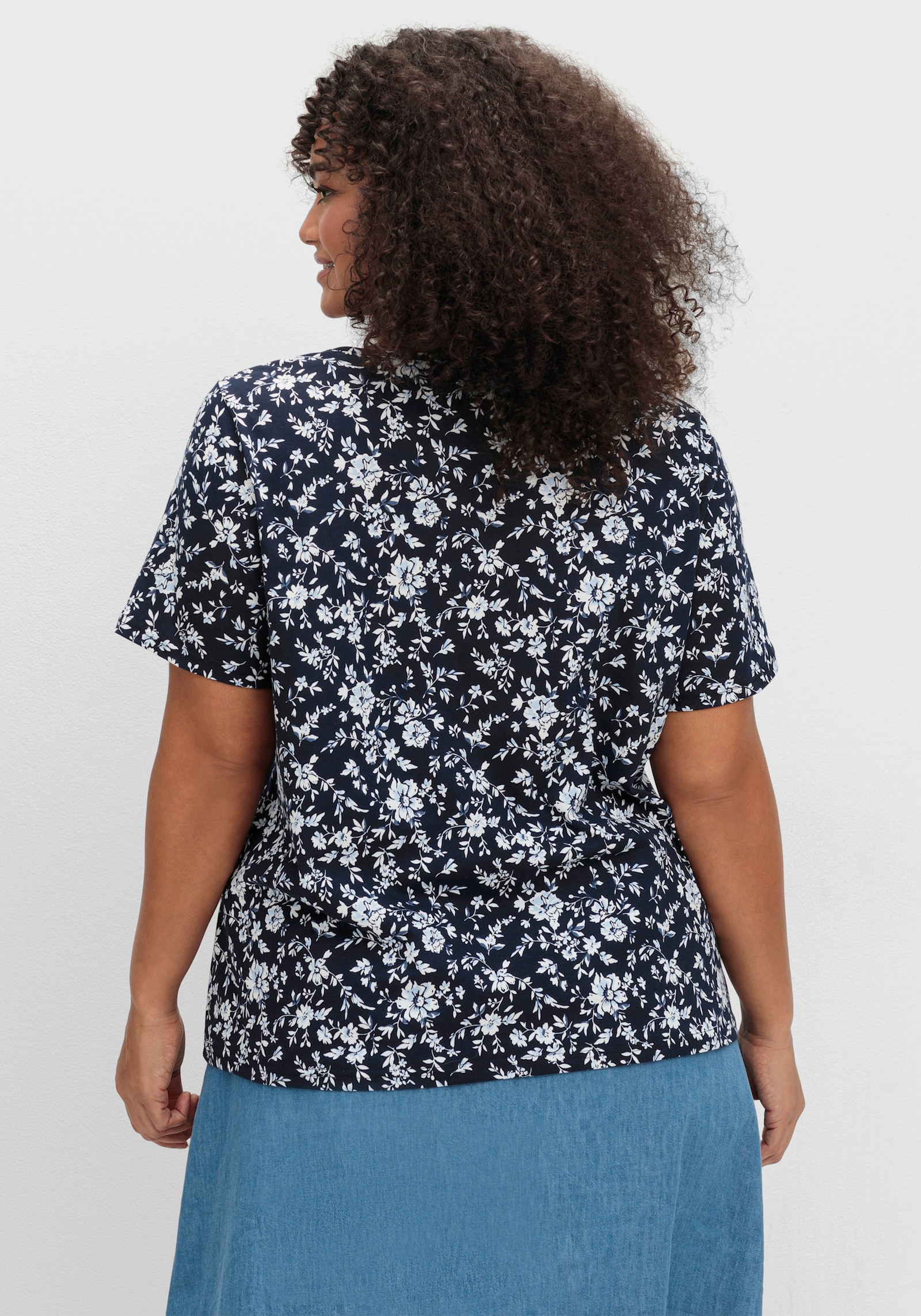 Kurzarmshirt mit floralem Druck - marine-hellblau-bedruckt