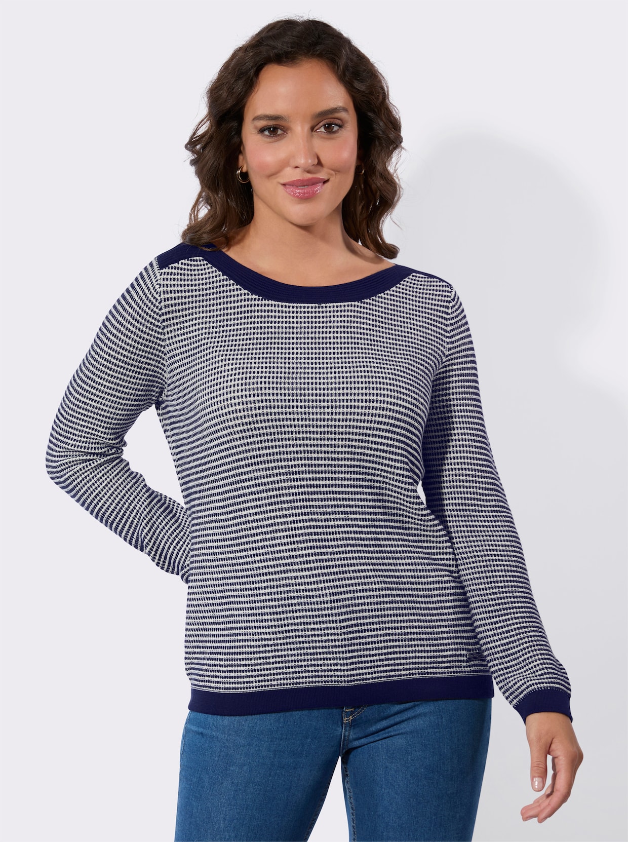 Langarm-Pullover - marine-ecru-gemustert