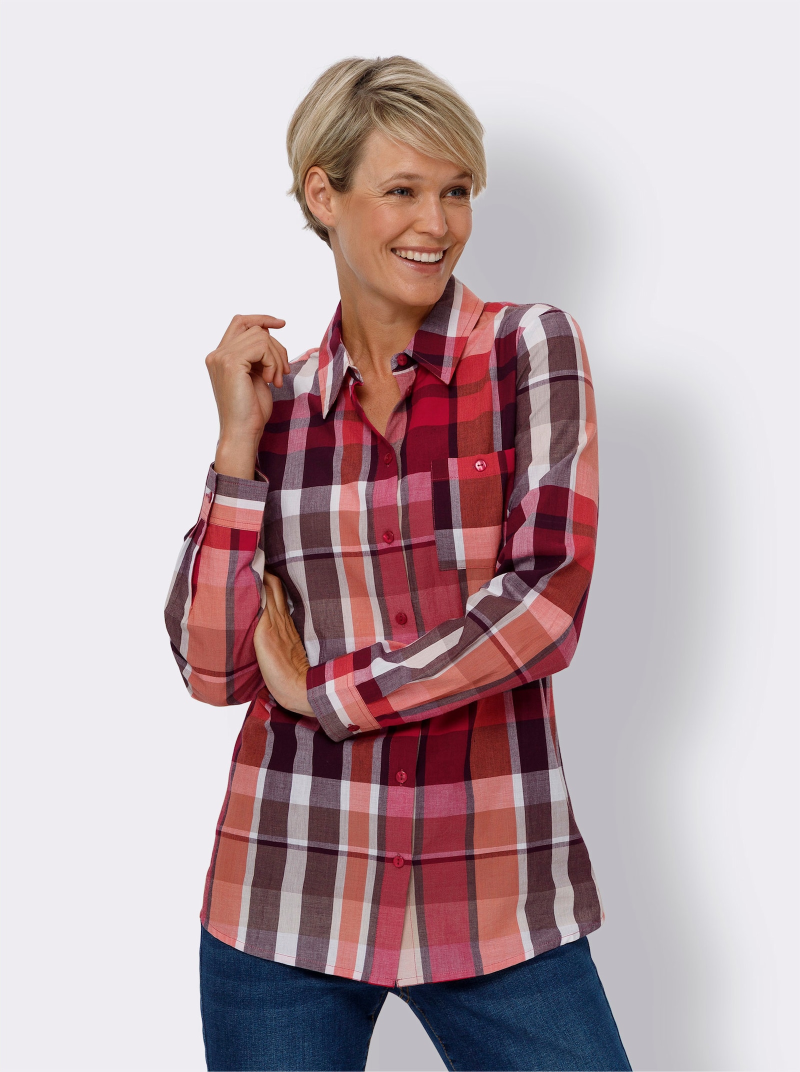 Lange blouse met 1 borstzak - sesam/aardbei geruit