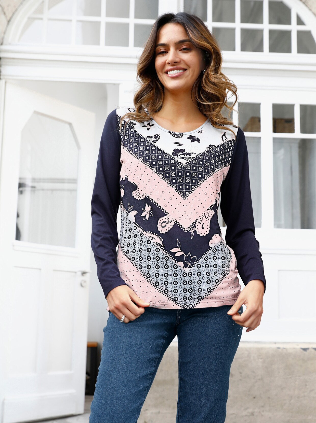 Shirt met lange mouwen - ecru/marine geprint