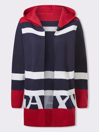 Longstrickjacke mit Kapuze, Jacquard - marine-weiß-geringelt