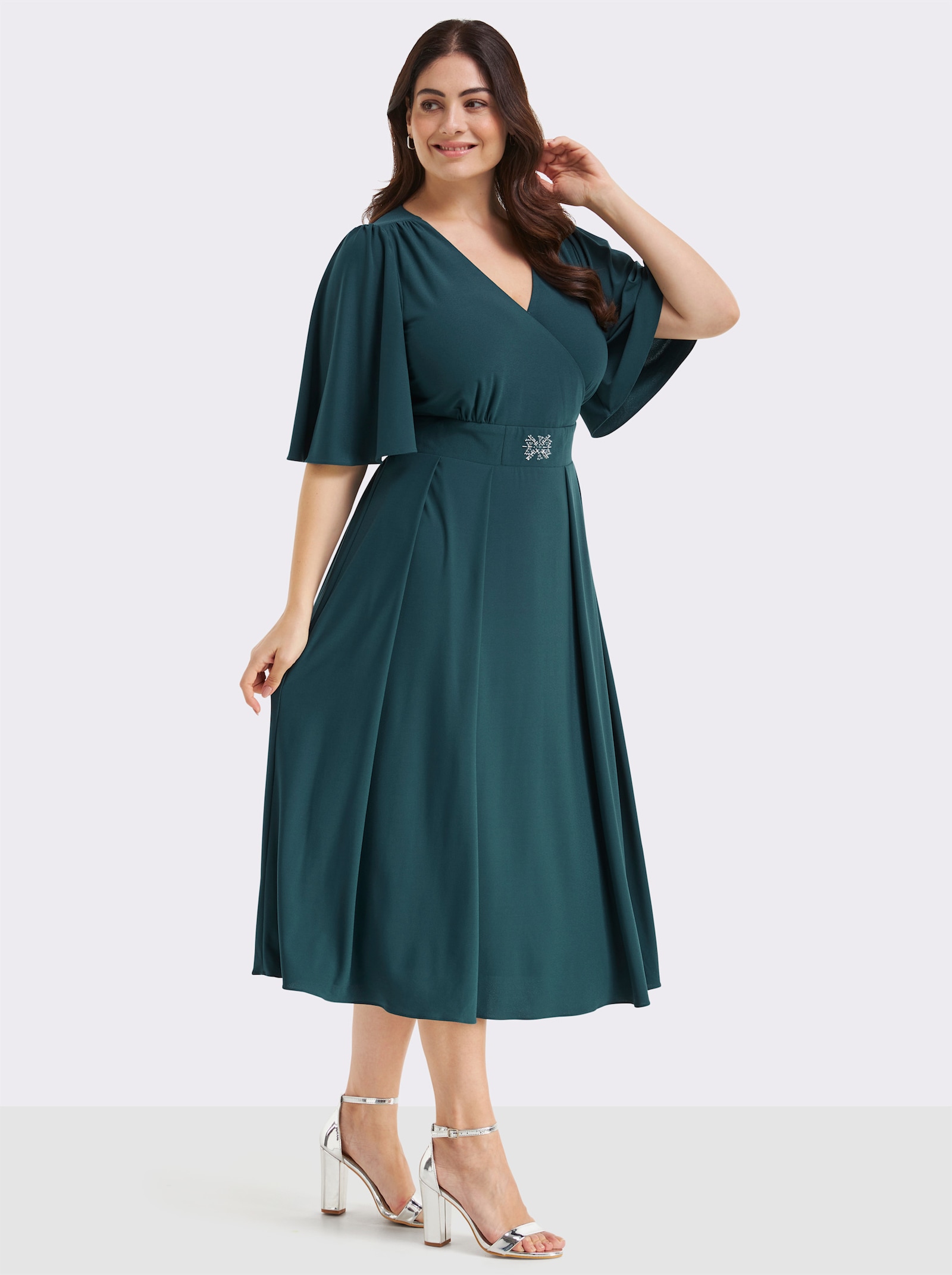 sheego Abendkleid mit Stickerei am Taillenbund - petrol