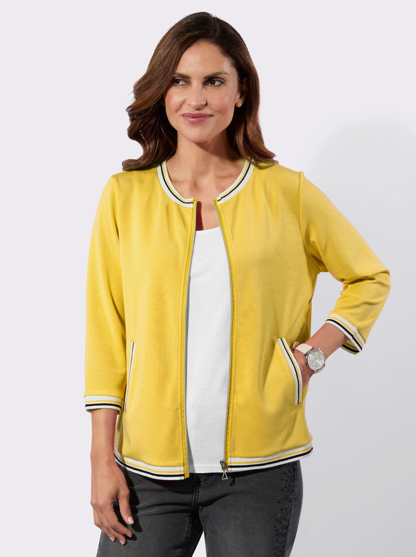 Sweatjacke mit gestreiften Bündchen - sonnengelb