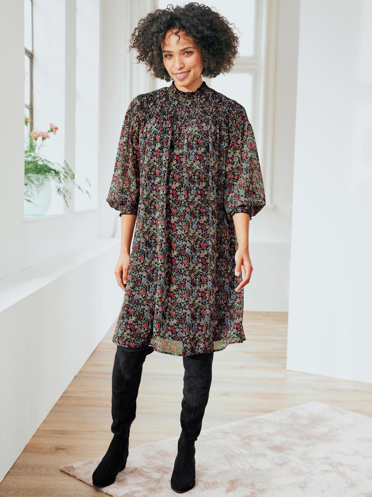 Linea Tesini Druck-Kleid - eisblau-schwarz-bedruckt