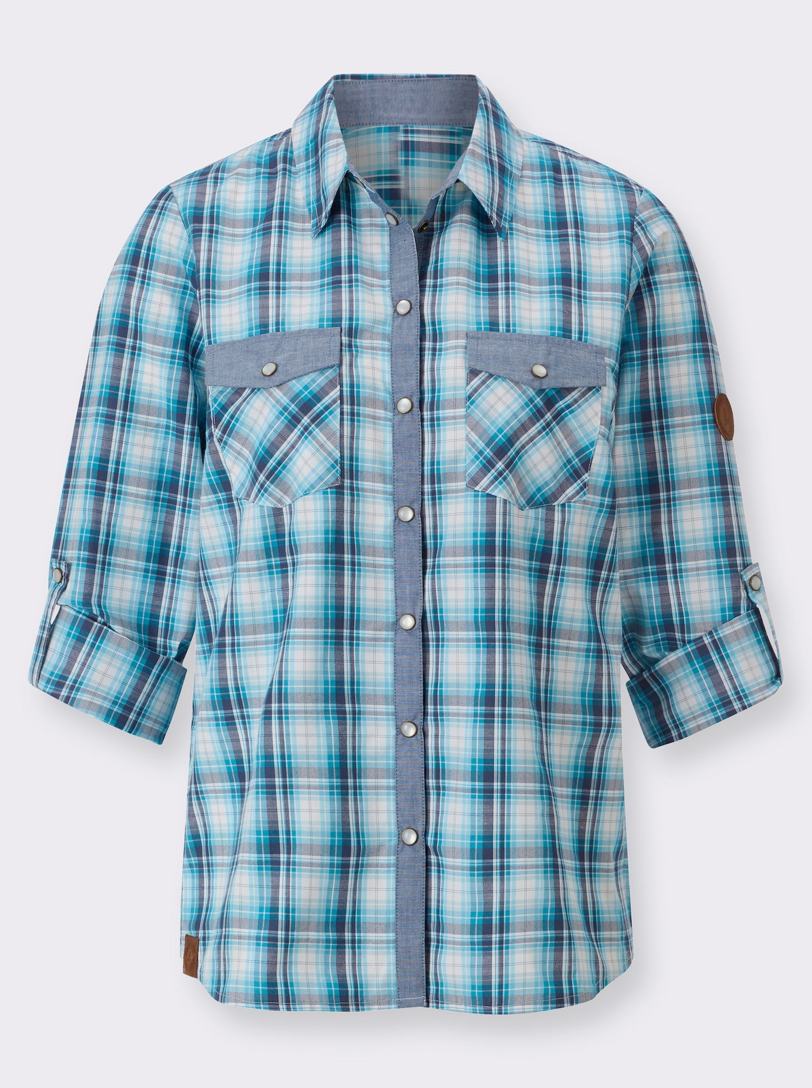 Karobluse mit aufgesetzten Brusttaschen - türkis-weiß-kariert