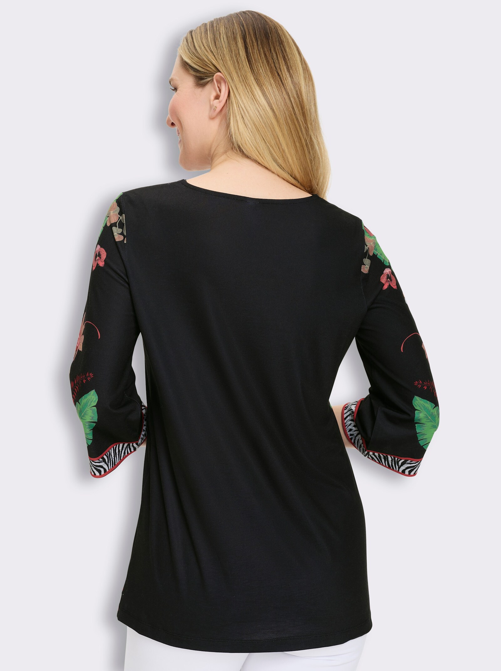 Tunikashirt mit Bordüren-Druck - schwarz-flamingo-bedruckt