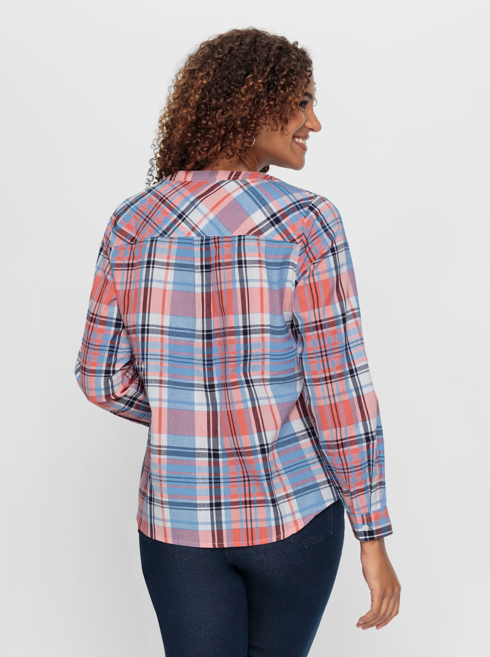 Karobluse mit Kellerfalte im Rücken - grapefruit-himmelblau-kariert