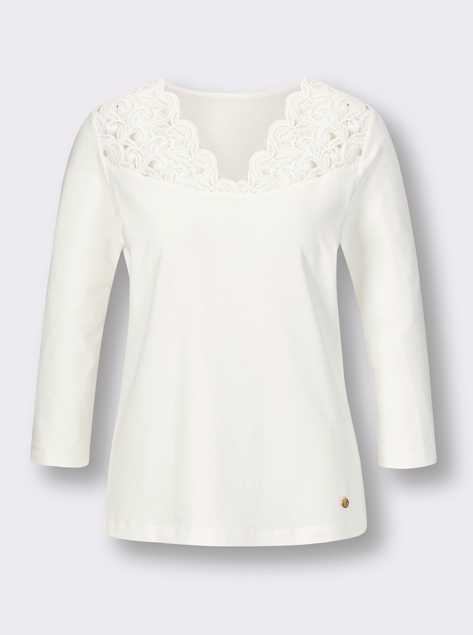 CREATION L PREMIUM T-shirt à encolure en V avec dentelle en mélange de modal - écru