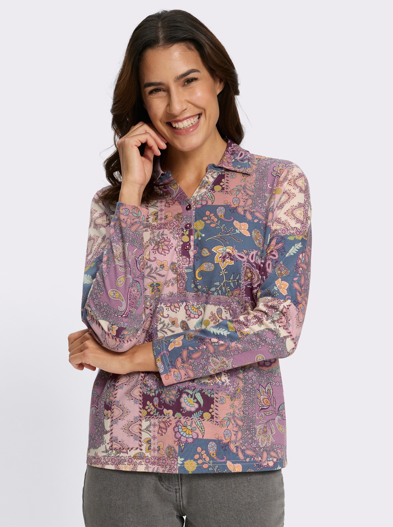 Poloshirt mit kurzer Knopfleiste - burgund-violett-bedruckt