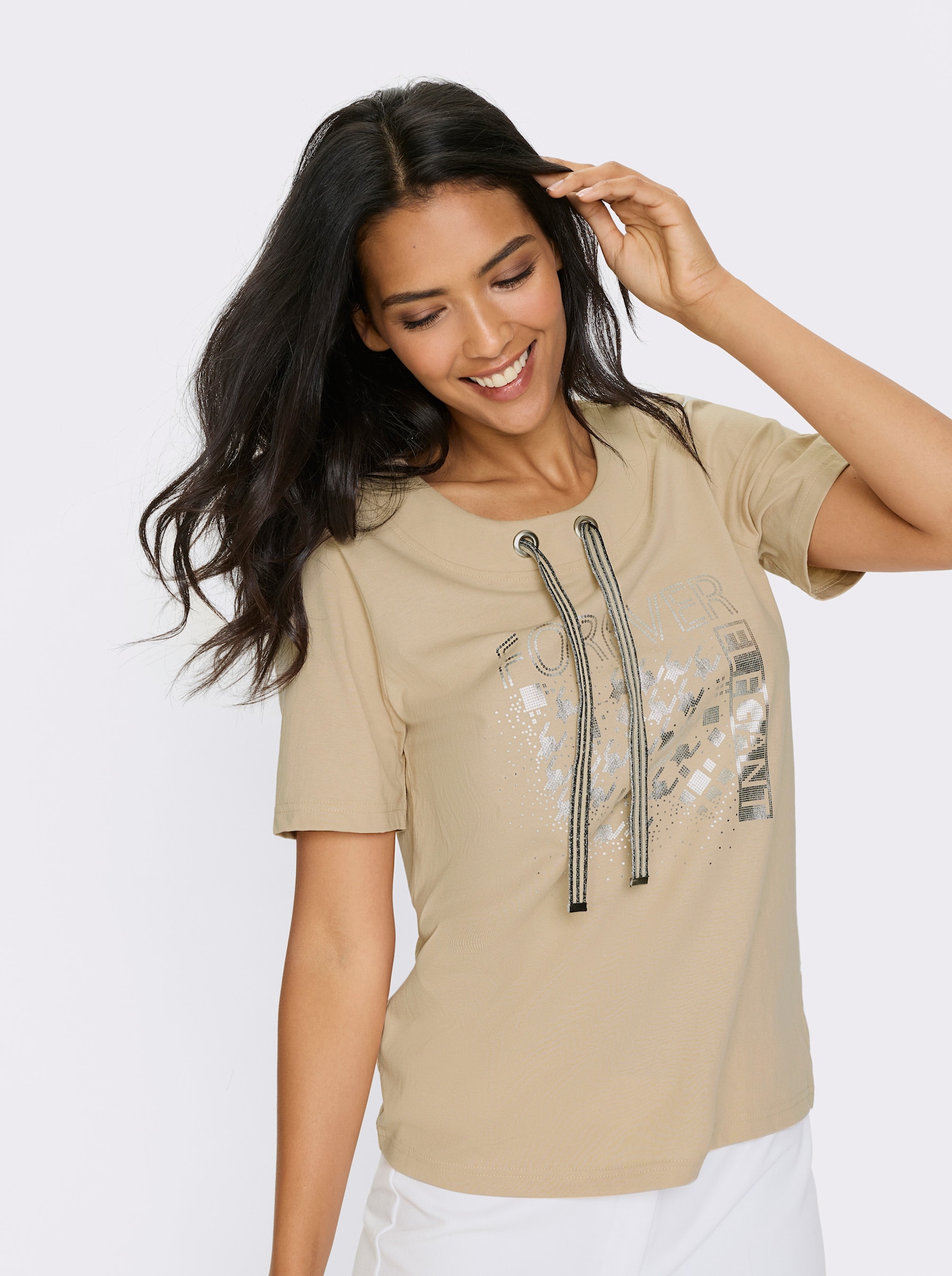 Kurzarmshirt mit Glanz-Druck - beige
