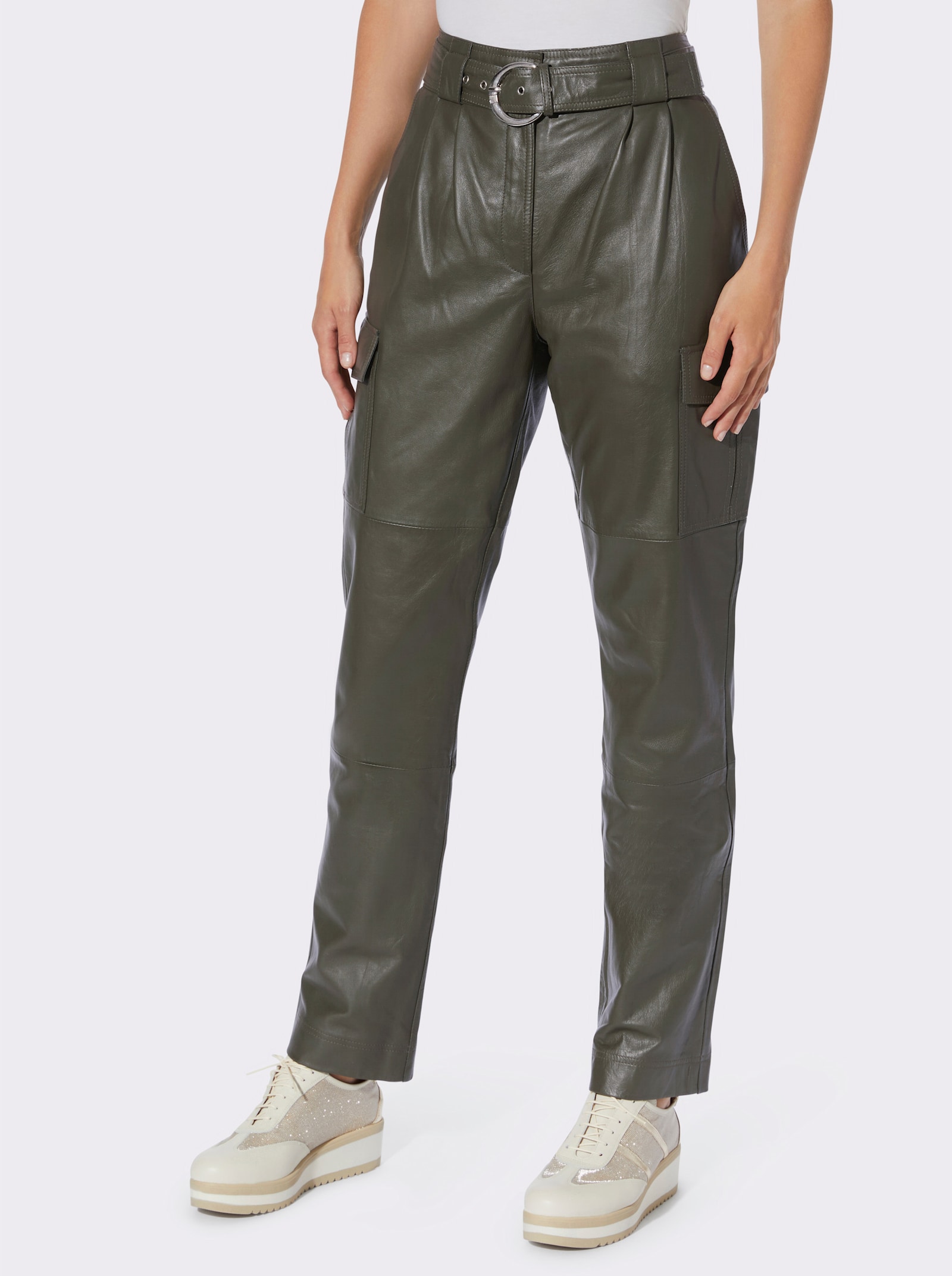 heine Pantalon en cuir style cargo - kaki