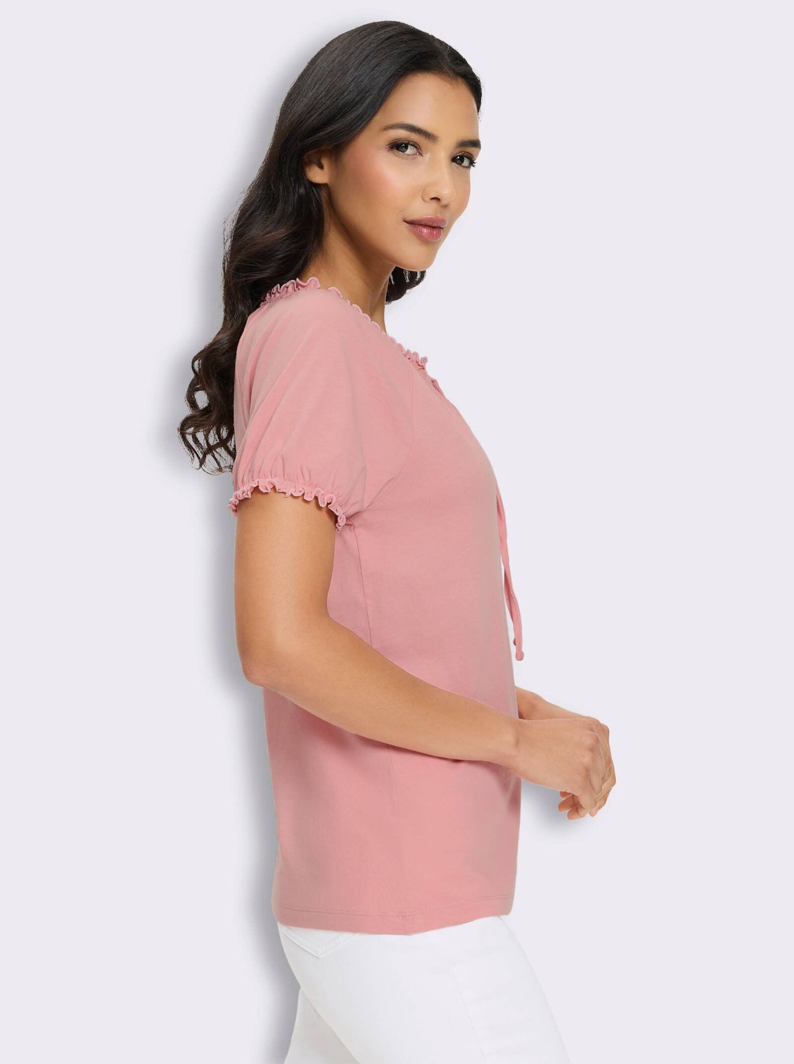 Trachtenshirt mit Rüschen und Bindeband - rosenquarz
