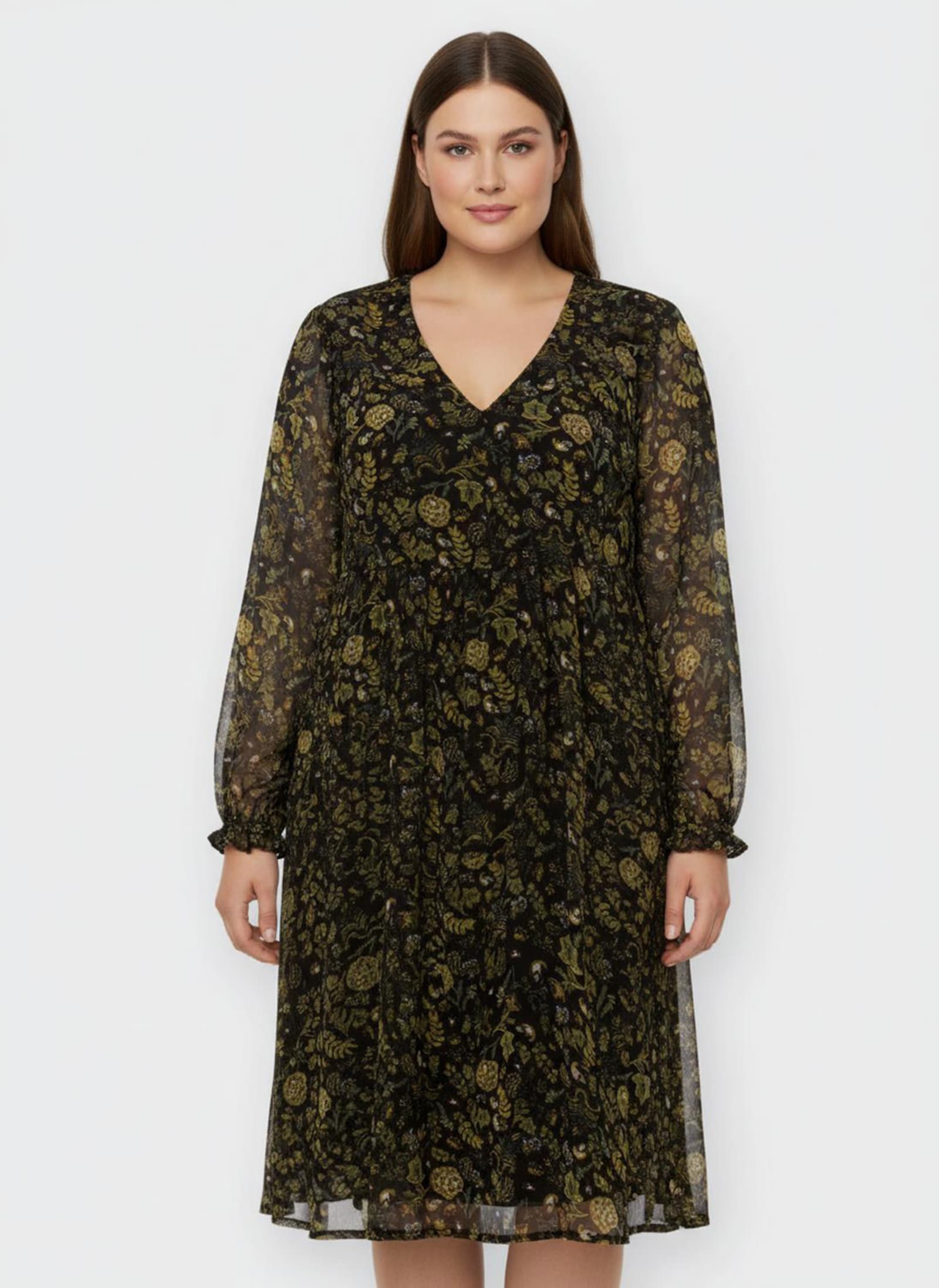 A-Linien-Kleid mit Raffungen vorne - schwarz-ocker