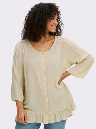 sheego Crinklebluse mit Volant am Saum - sand