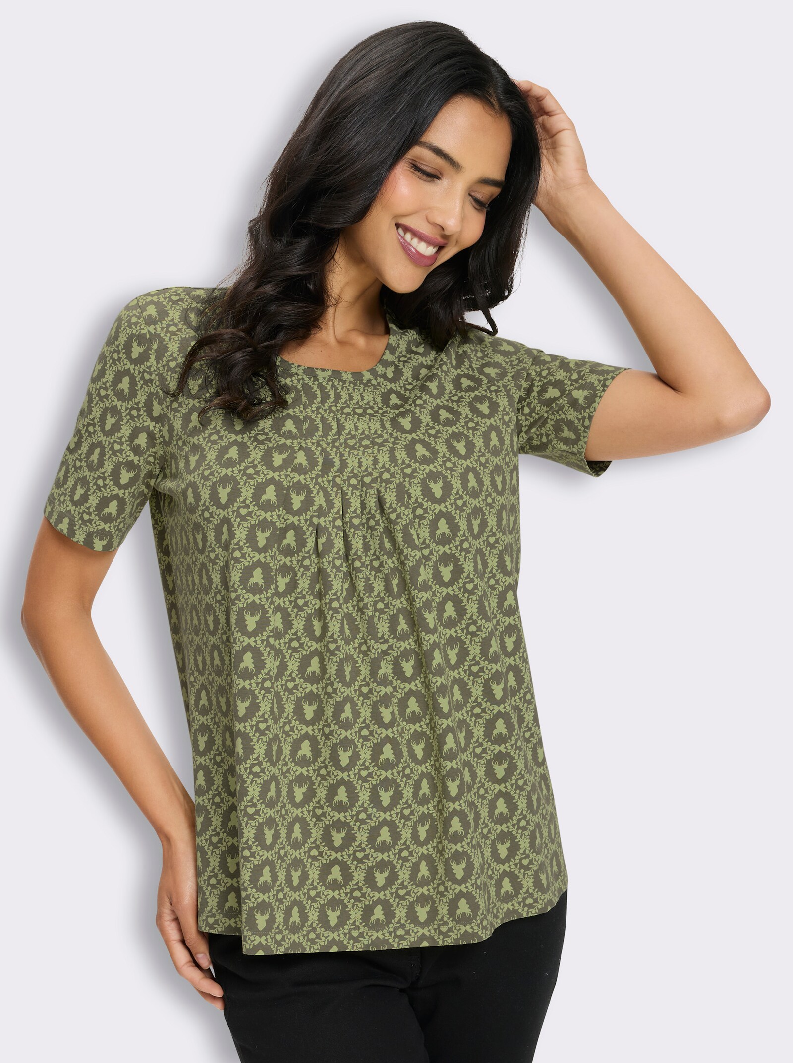 Kurzarmshirt mit Trachten-Print - khaki-lindgrün-bedruckt