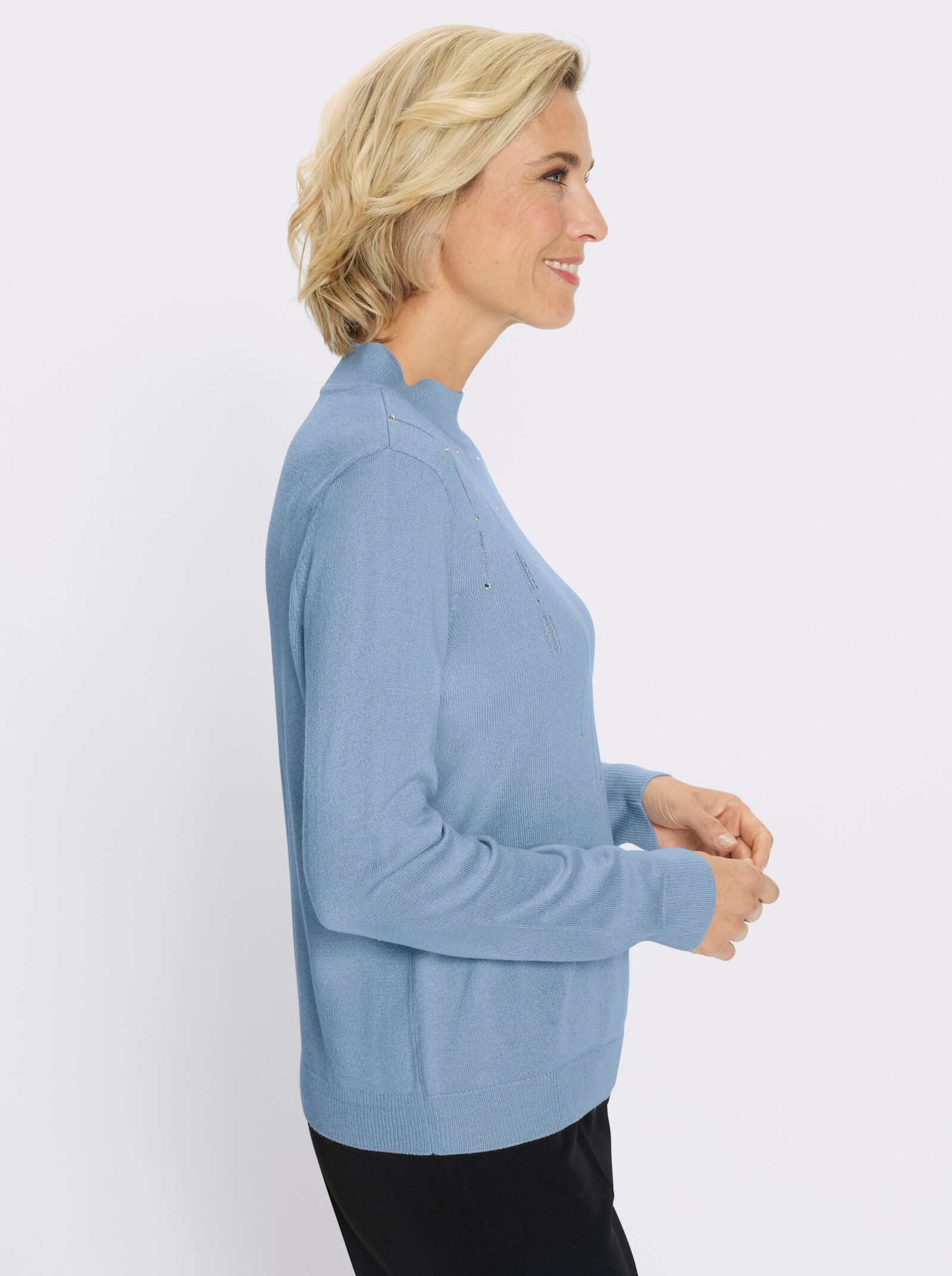 Stehkragenpullover Feinstrick mit Glitzersteinchen - eisblau