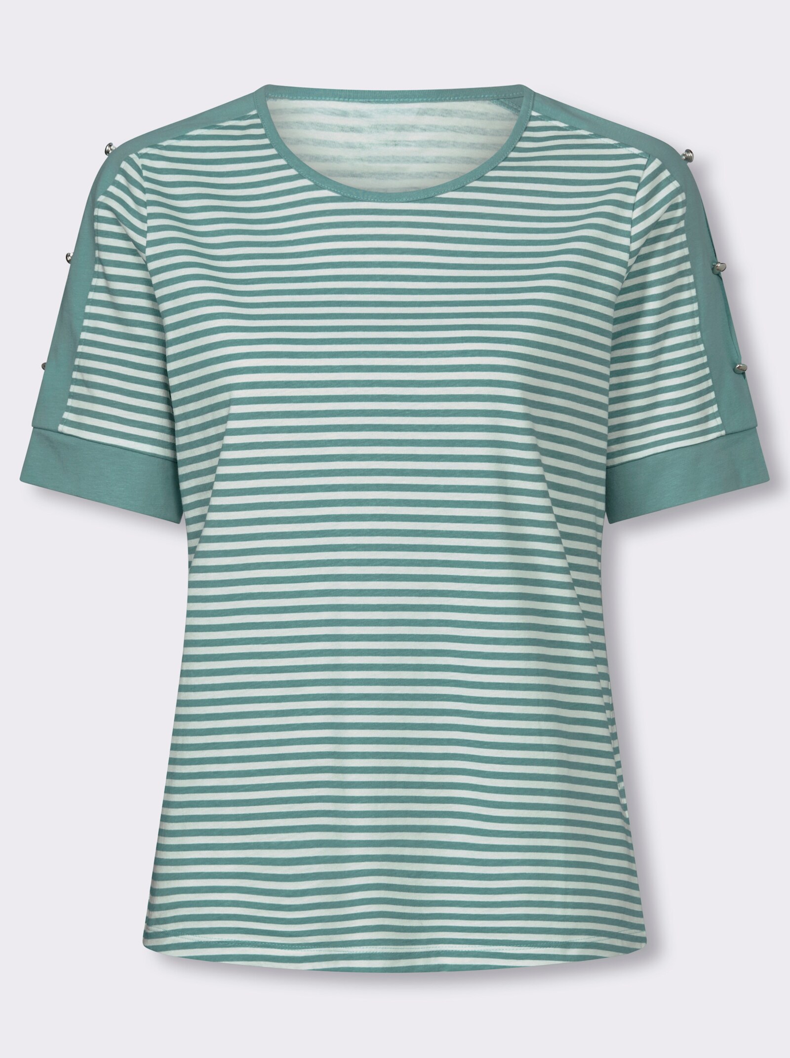 Kurzarmshirt mit Zierknöpfen - salbei-ecru-geringelt