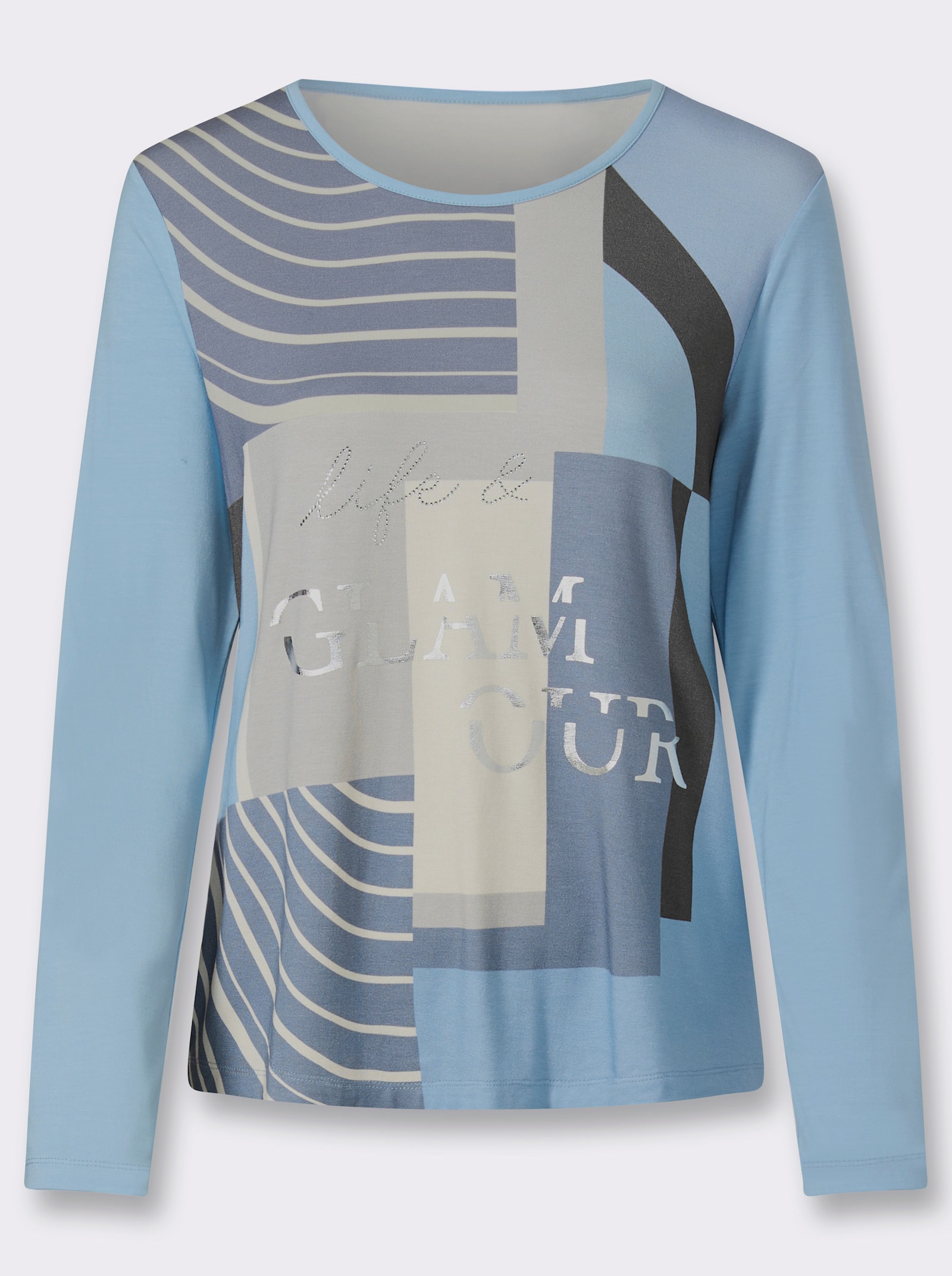 heine Langarmshirt mit Glitzersteinchen - eisblau-hellgrau-bedruckt