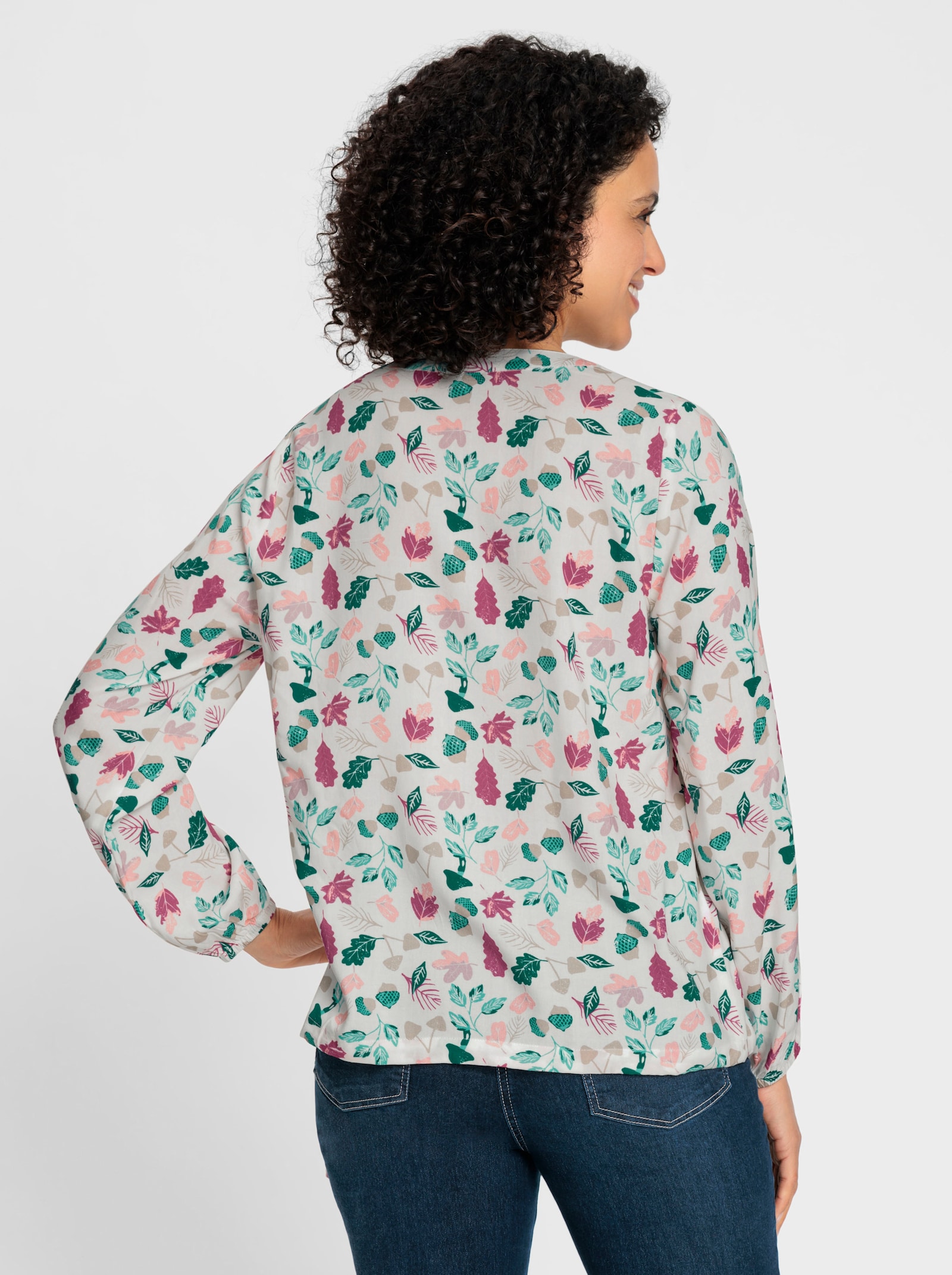 Comfortblouse met bladerprint - ecru/oceaan bedrukt