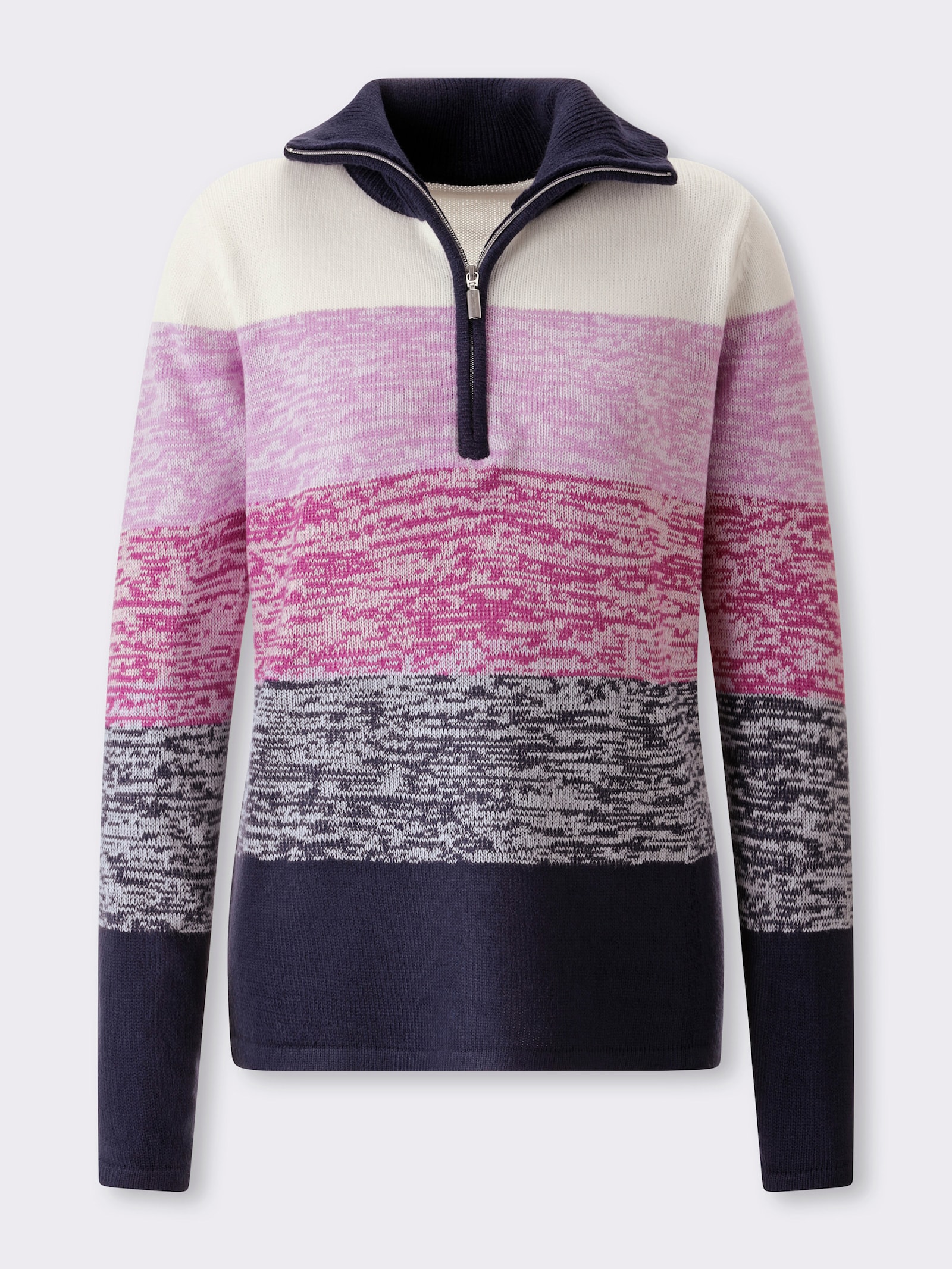 Langarm-Pullover mit kurzem Reißverschluss - magenta-marine-gemustert
