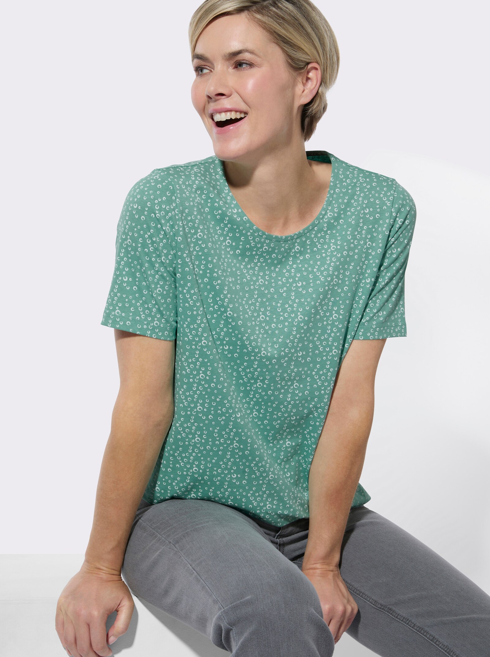 Rundhalsshirt im 2er-Pack - salbei-weiß-getupft + salbei