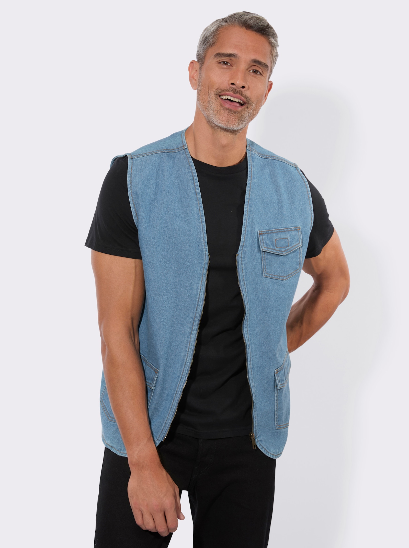 Jeansweste mit aufgesetzten Pattentaschen - blue-bleached