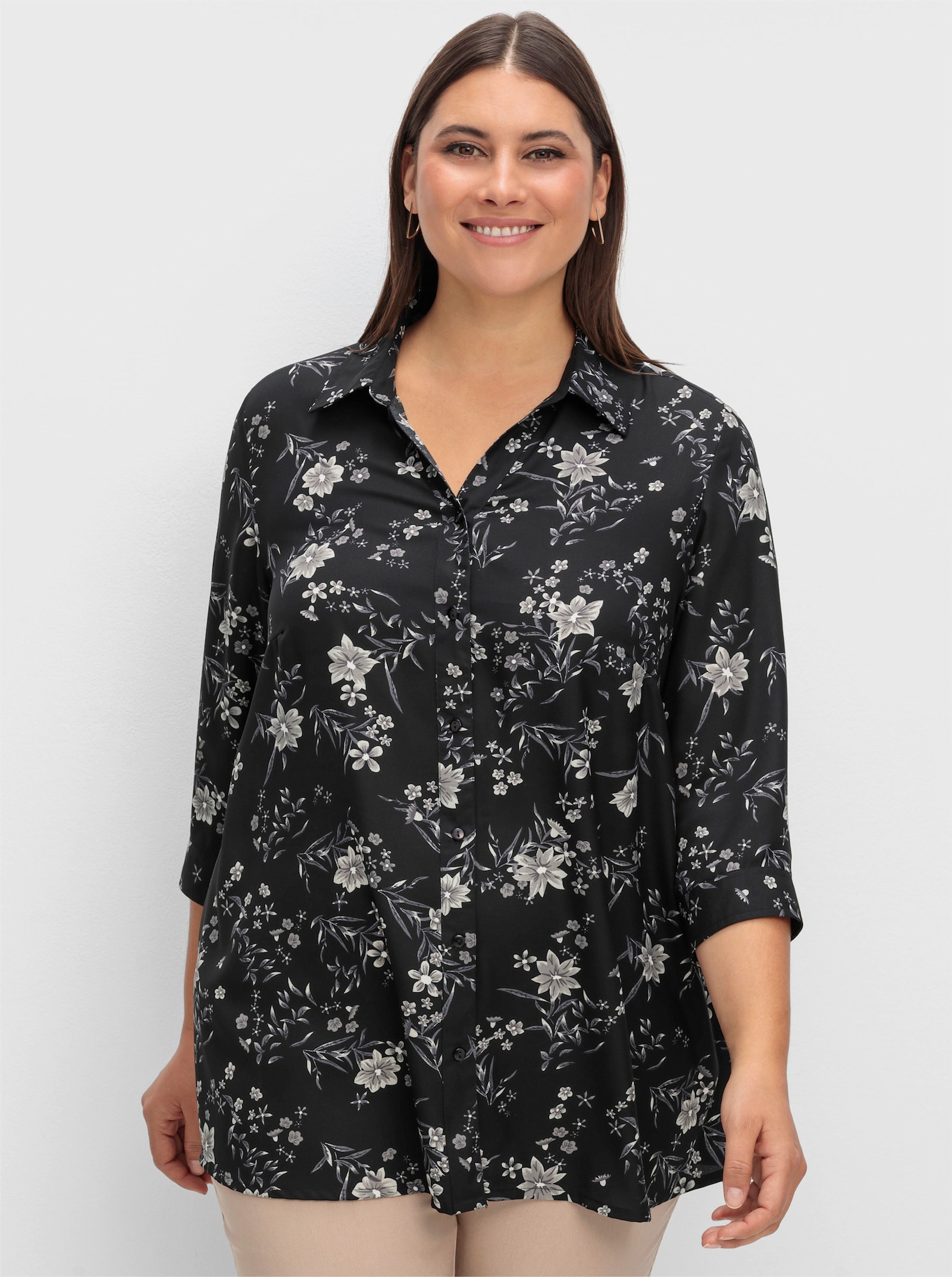 Longbluse mit Blümchen-Print - schwarz-bedruckt