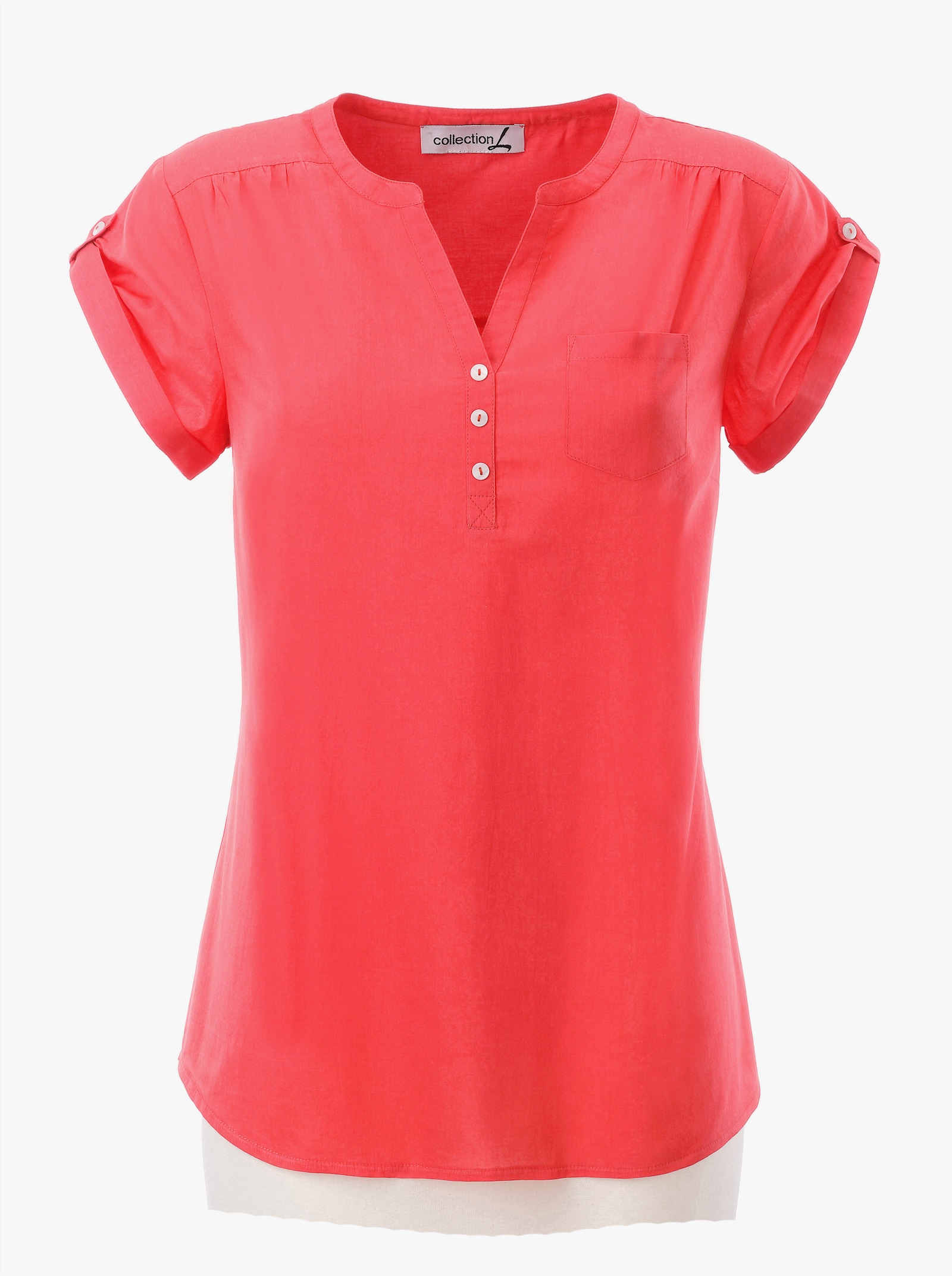 Kurzarmbluse mit kurzer Knopfleiste - korallenrot