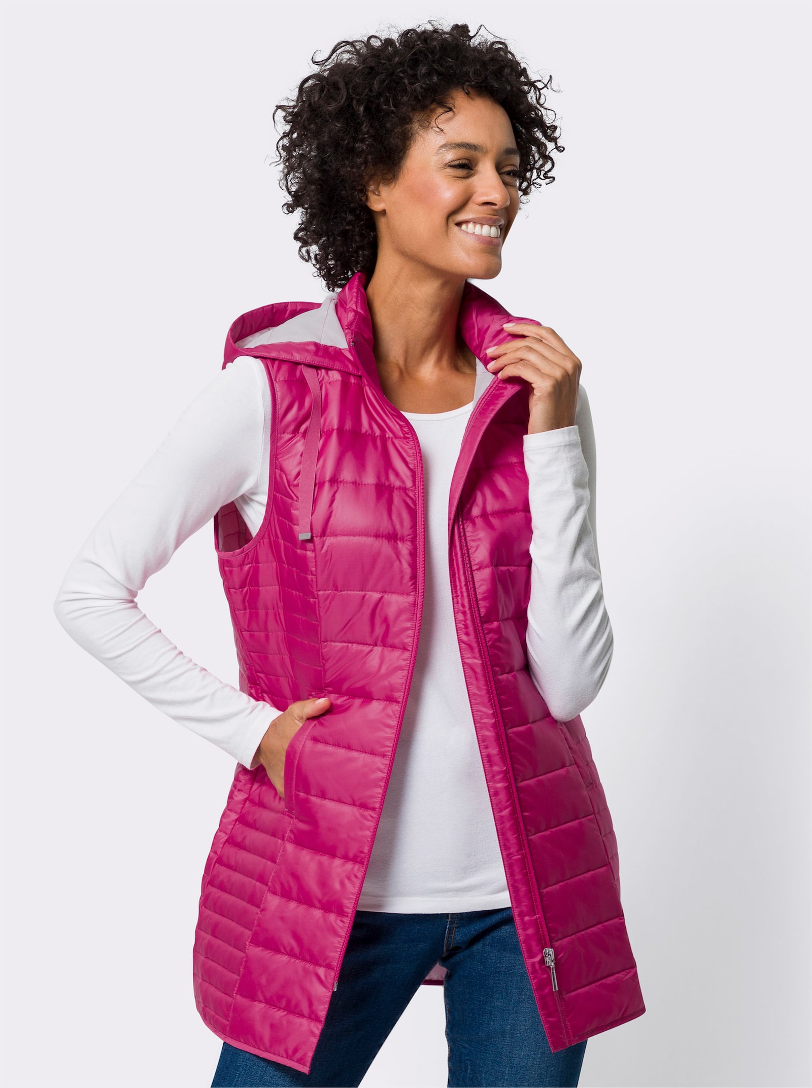 Lange bodywarmer van doorgestikt materiaal - fuchsia