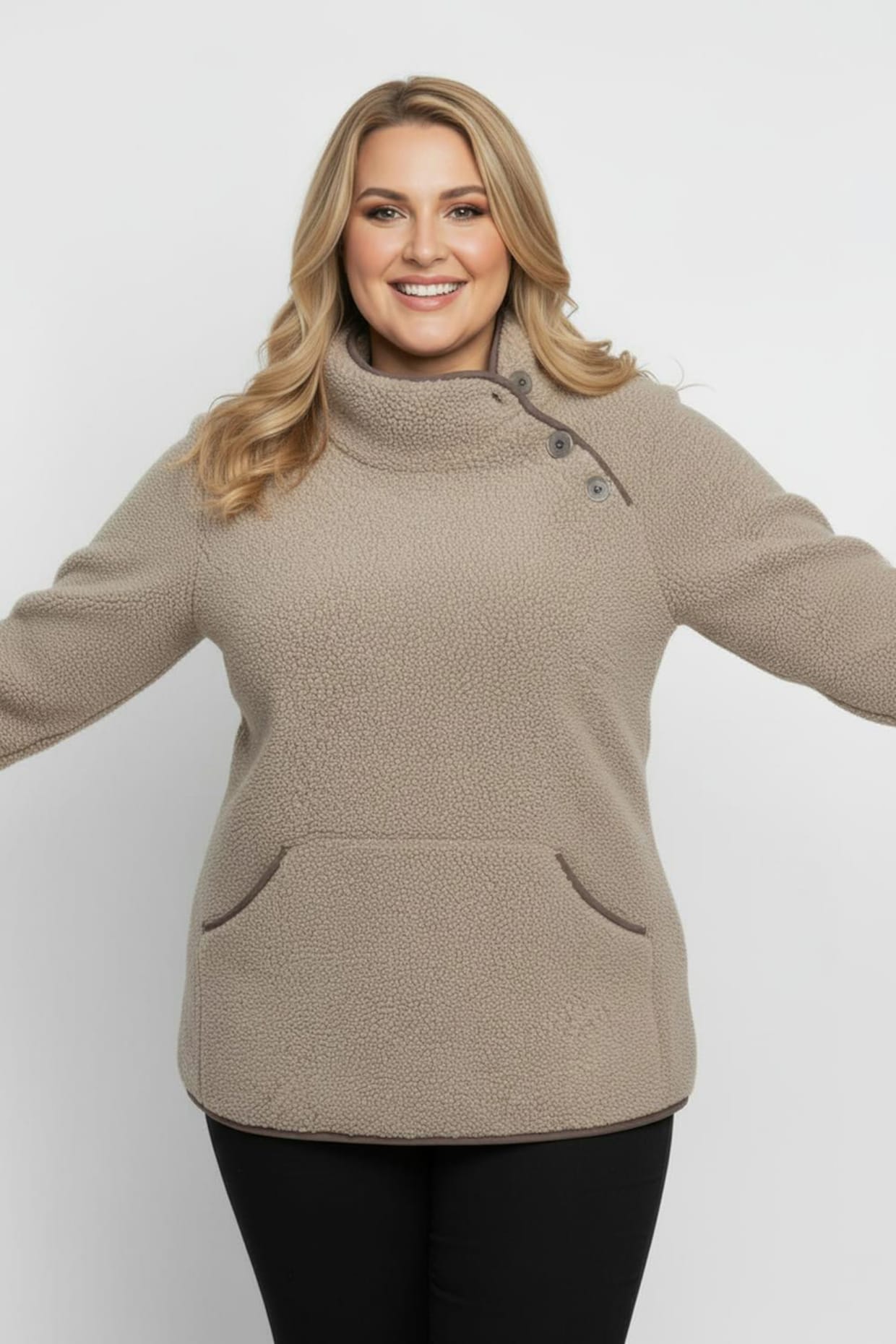 Fleeceshirt mit Kontrastpaspeln - sesam