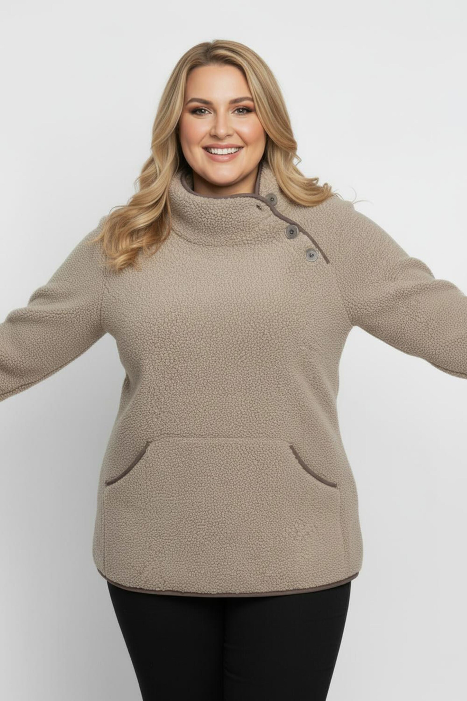 Fleeceshirt mit Kontrastpaspeln - sesam