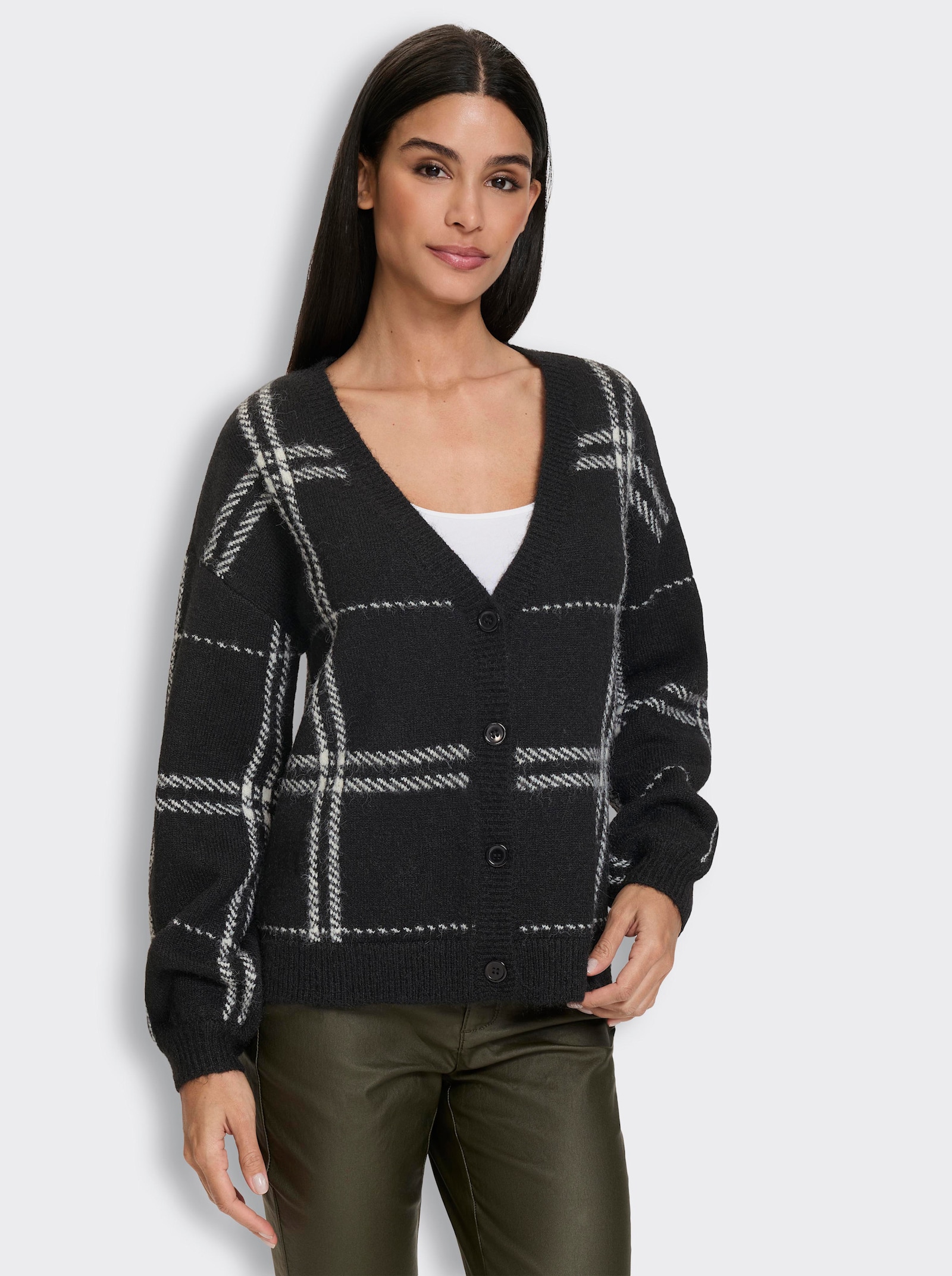 heine Jacquardstrickjacke mit Karomuster - schwarz-ecru-kariert