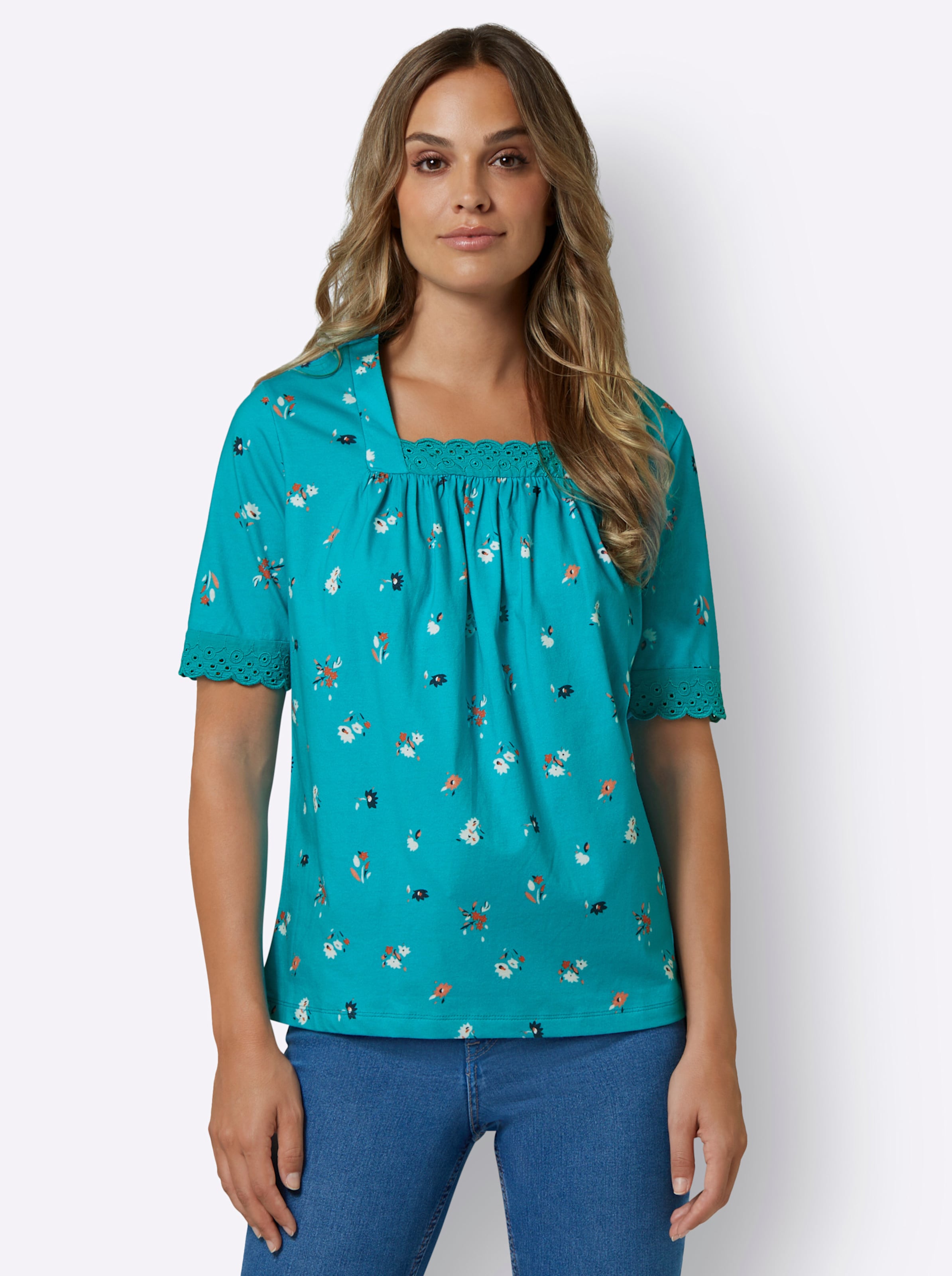 und eine günstig Kaufen-Kurzarm-Shirt in türkis-flamingo-bedruckt von heine. Kurzarm-Shirt in türkis-flamingo-bedruckt von heine <![CDATA[Hübsches Blümchenmuster rundum sowie dekorative Spitze am Karree-Ausschnitt und an den Ärmeln: Dieses Kurzarm-Shirt in hautsympa