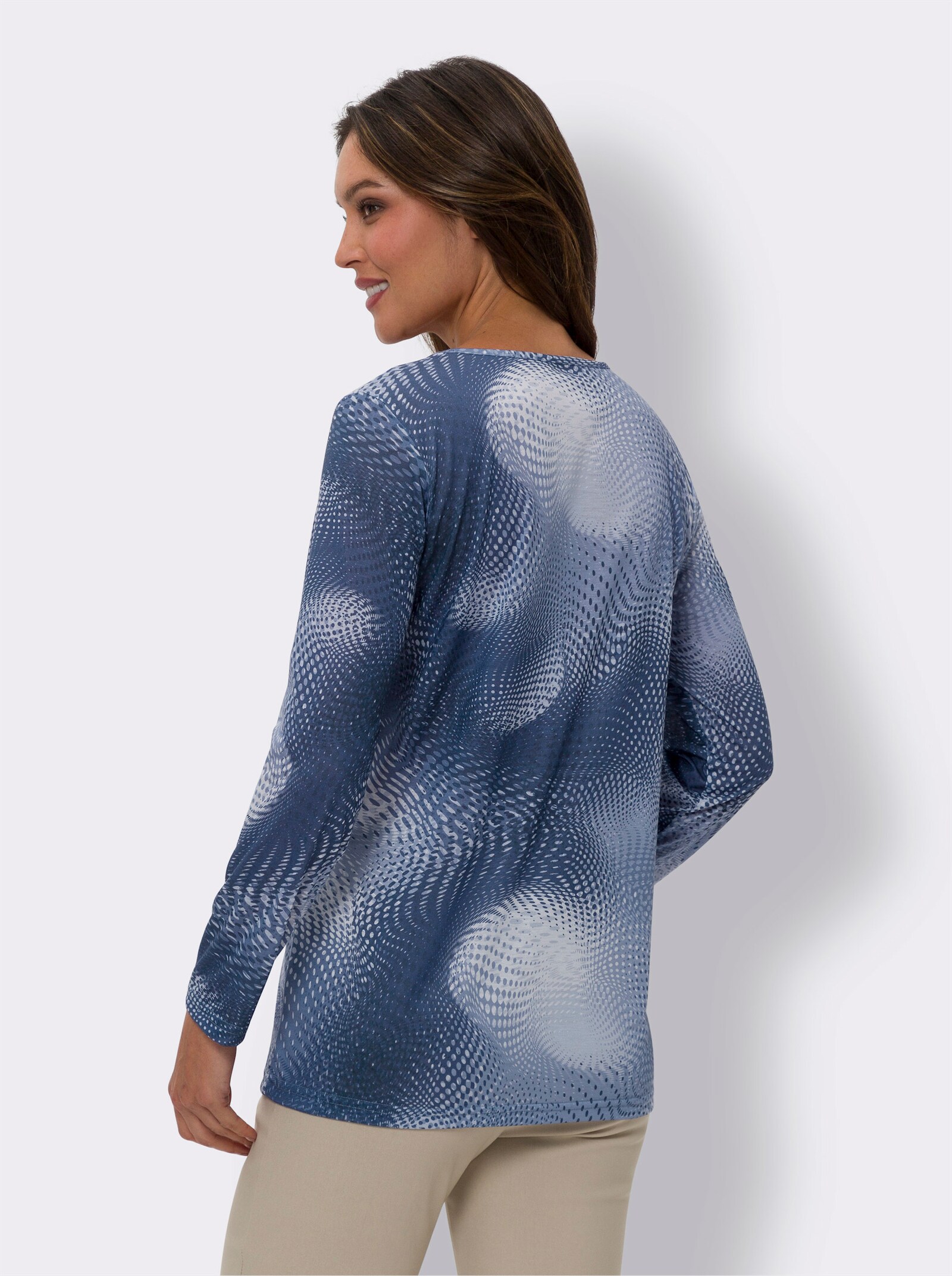 Lang shirt in A-lijn - duifblauw/jeansblauw bedrukt