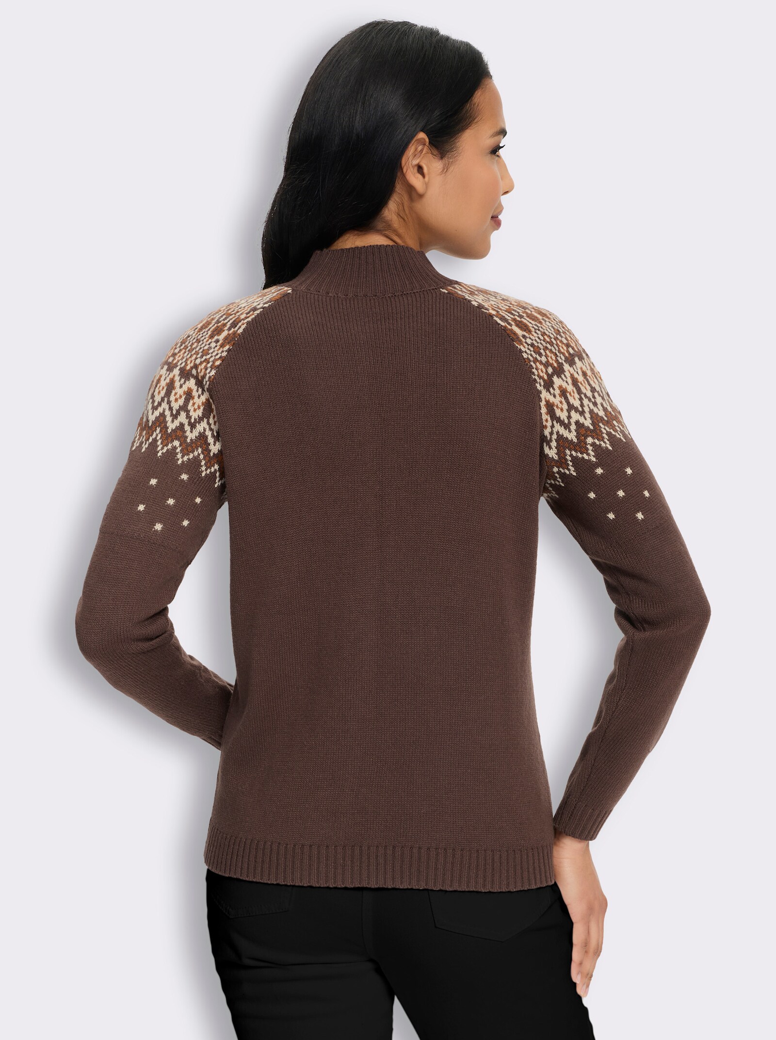 Stehkragenpullover im Norwegermuster - schoko-camel-gemustert