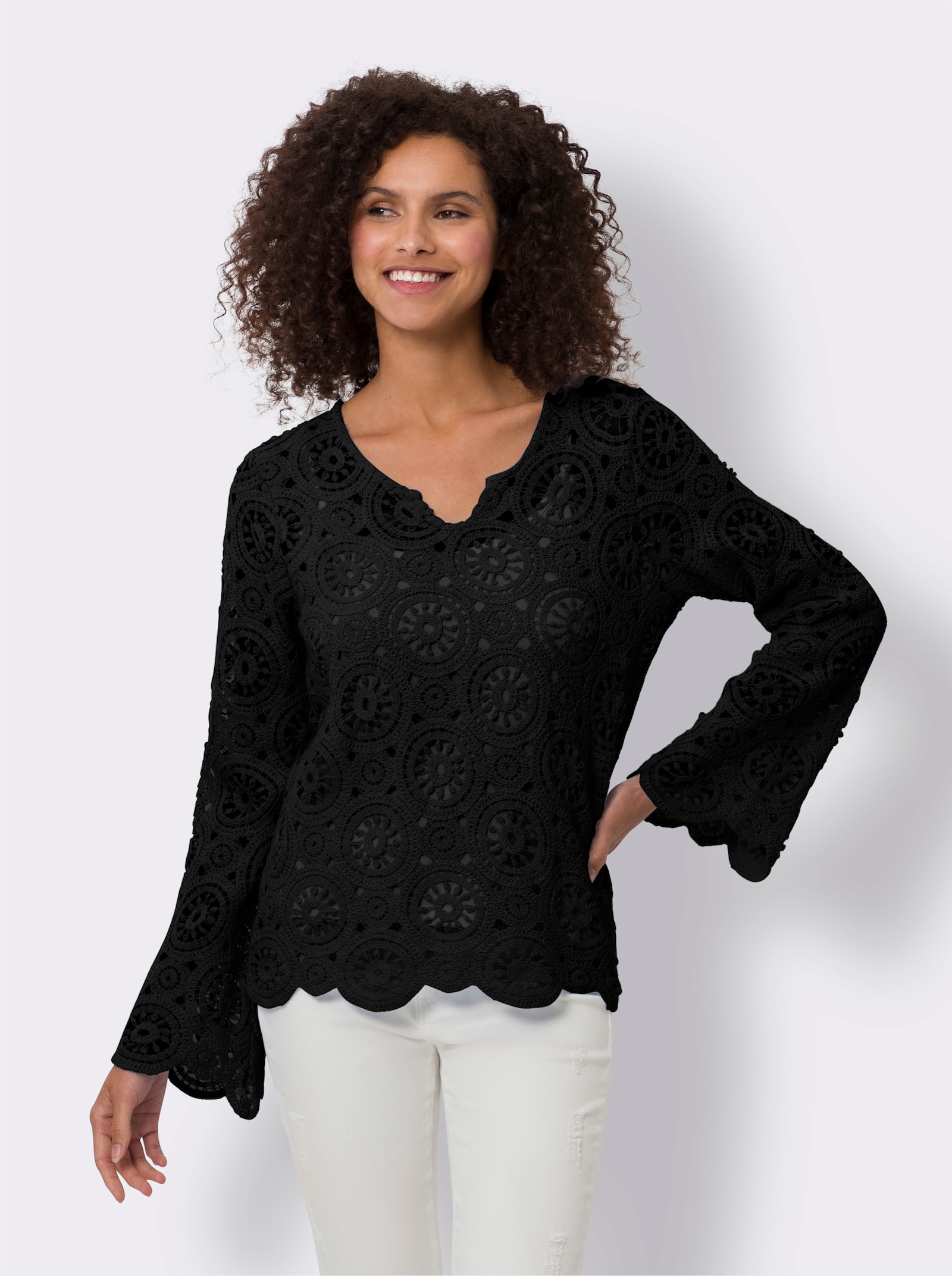 heine Langarmshirt aus Makramee-Spitze - schwarz